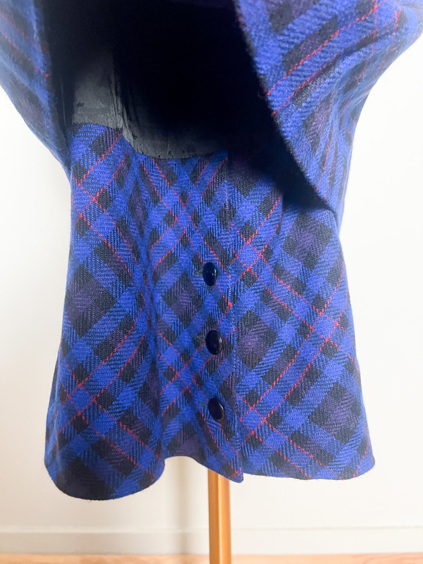 Jupe Vintage Pierre Cardin - Effet Superposé Original – Laine, Tartan Bleu et Rouge T38