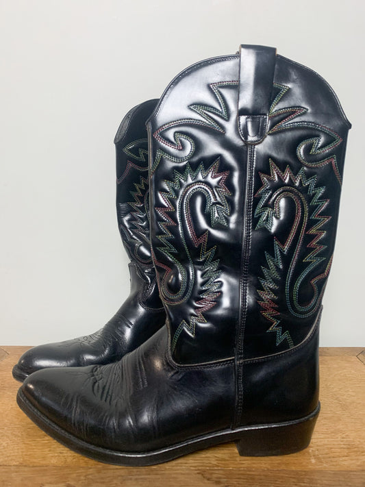 Santiags véritables en cuir noir avec surpiqûres colorées #santiags #vintage