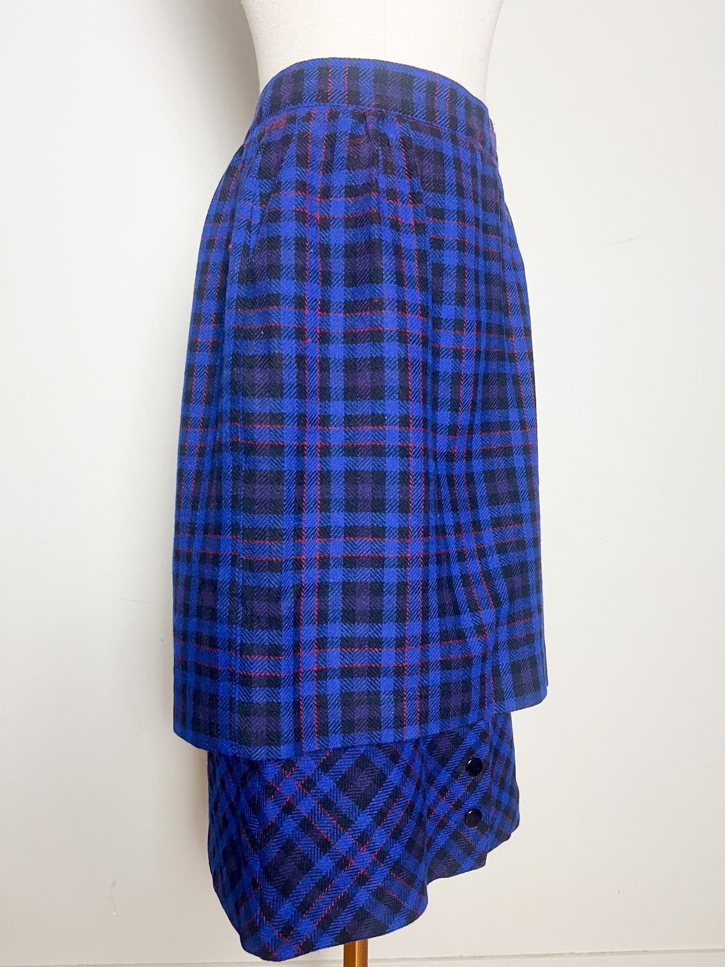 Jupe Vintage Pierre Cardin - Effet Superposé Original – Laine, Tartan Bleu et Rouge T38