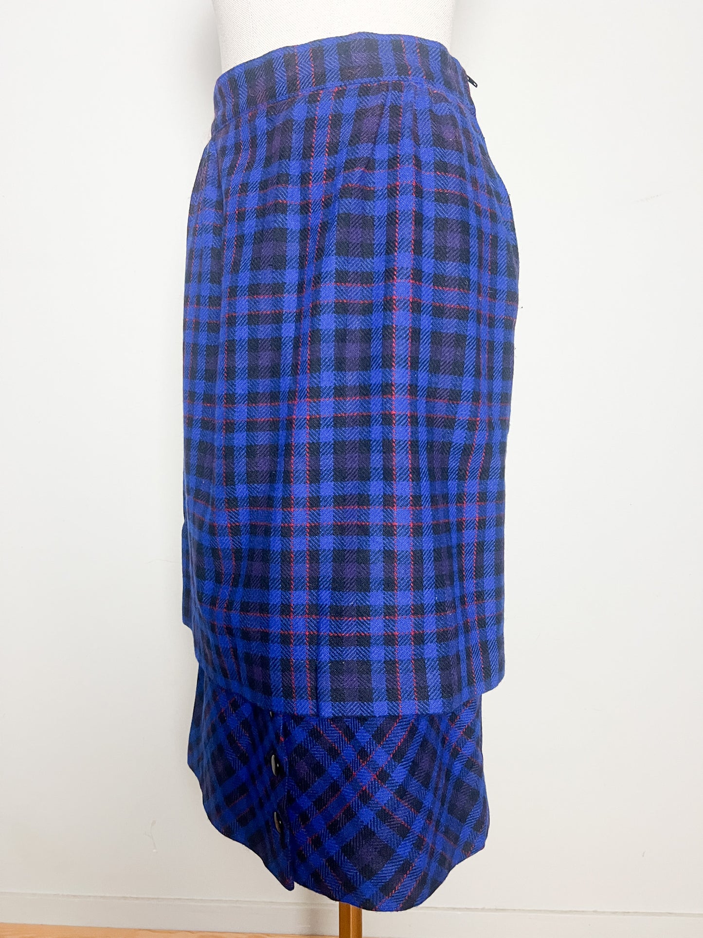 Jupe Vintage Pierre Cardin - Effet Superposé Original – Laine, Tartan Bleu et Rouge T38