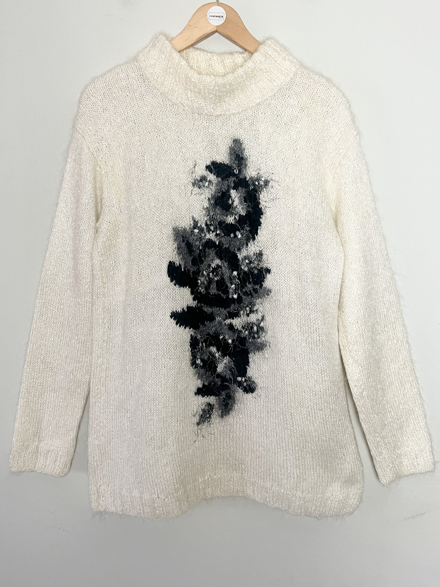 Pull cosy Vintage T 38 Col Montant - Motif Floral Rétro Gris/Noir - Doux Style Mohair