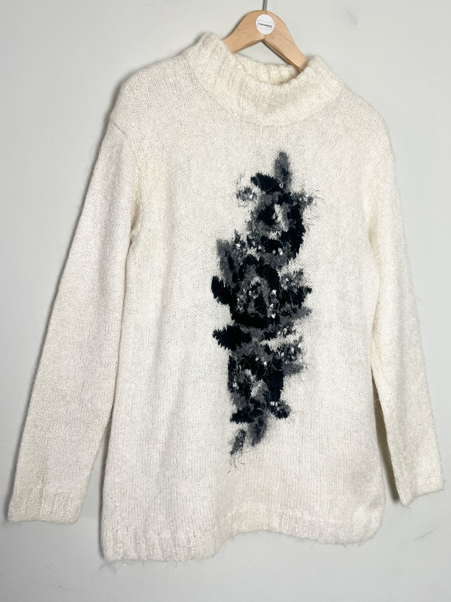 Pull cosy Vintage T 38 Col Montant - Motif Floral Rétro Gris/Noir - Doux Style Mohair