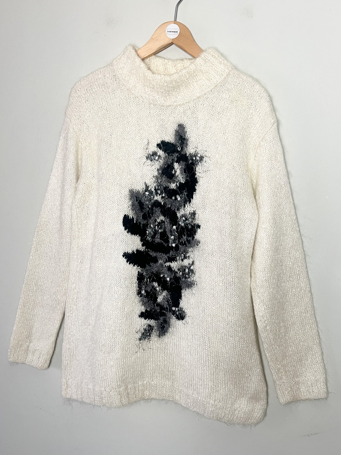 Pull cosy Vintage T 38 Col Montant - Motif Floral Rétro Gris/Noir - Doux Style Mohair