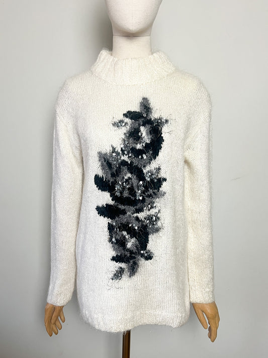 Pull cosy Vintage T 38 Col Montant - Motif Floral Rétro Gris/Noir - Doux Style Mohair
