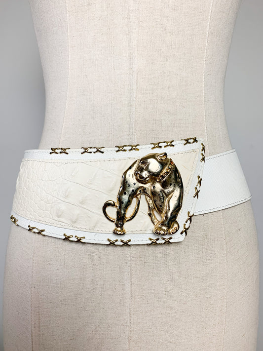 Ceinture maxi blanche avec panthère dorée et strass vintage