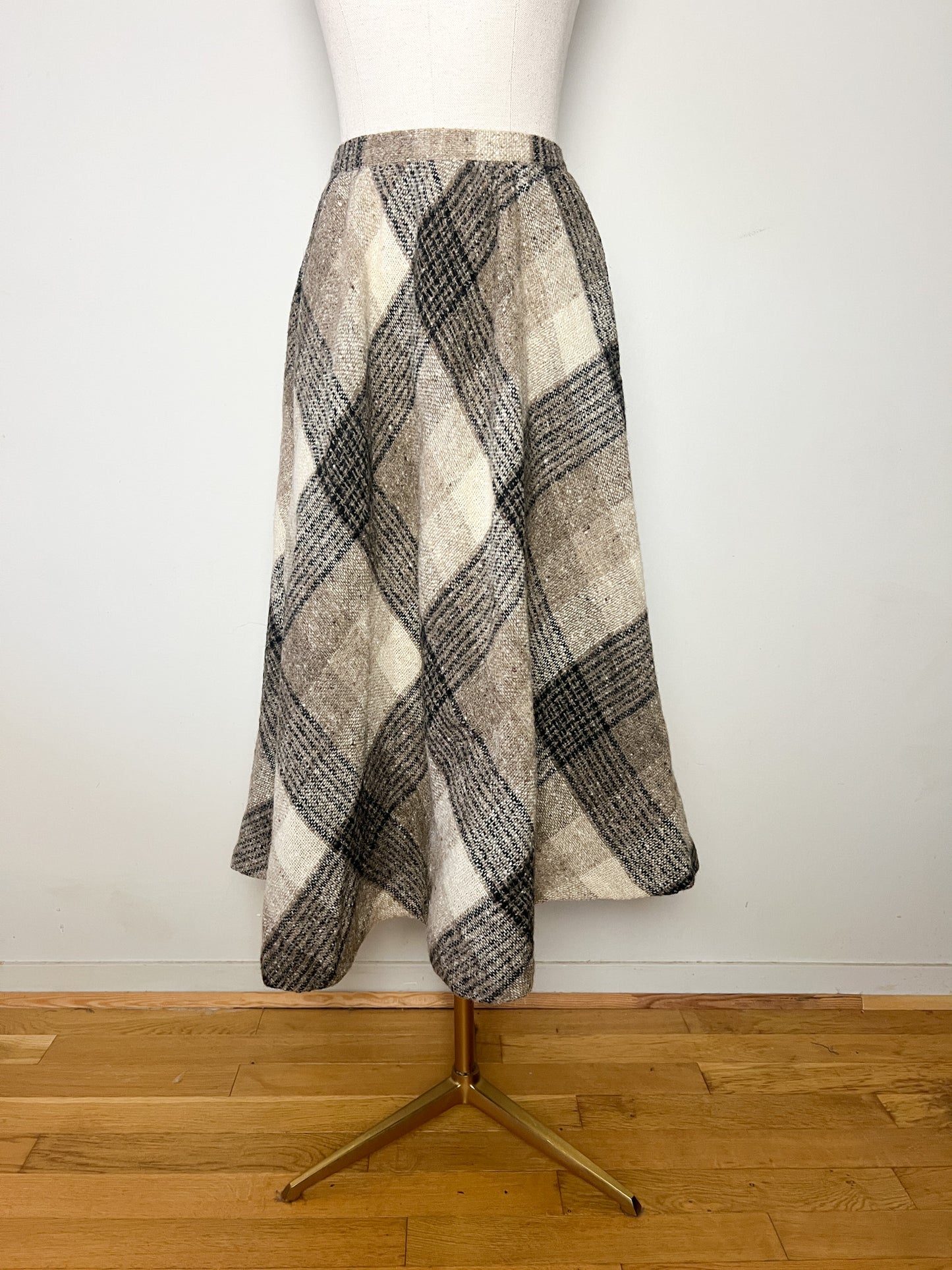 Jupe Liliane Burty Vintage Laine Carreaux Beige - Made in France - T $32/34$ (XXS/XS)