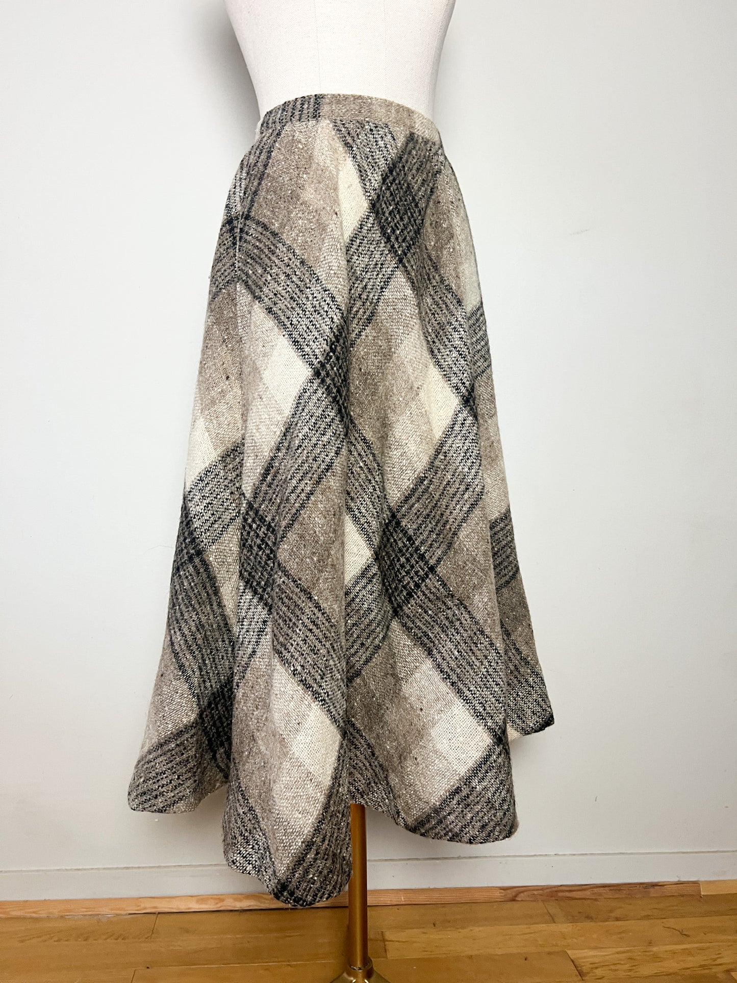 Jupe Liliane Burty Vintage Laine Carreaux Beige - Made in France - T $32/34$ (XXS/XS)