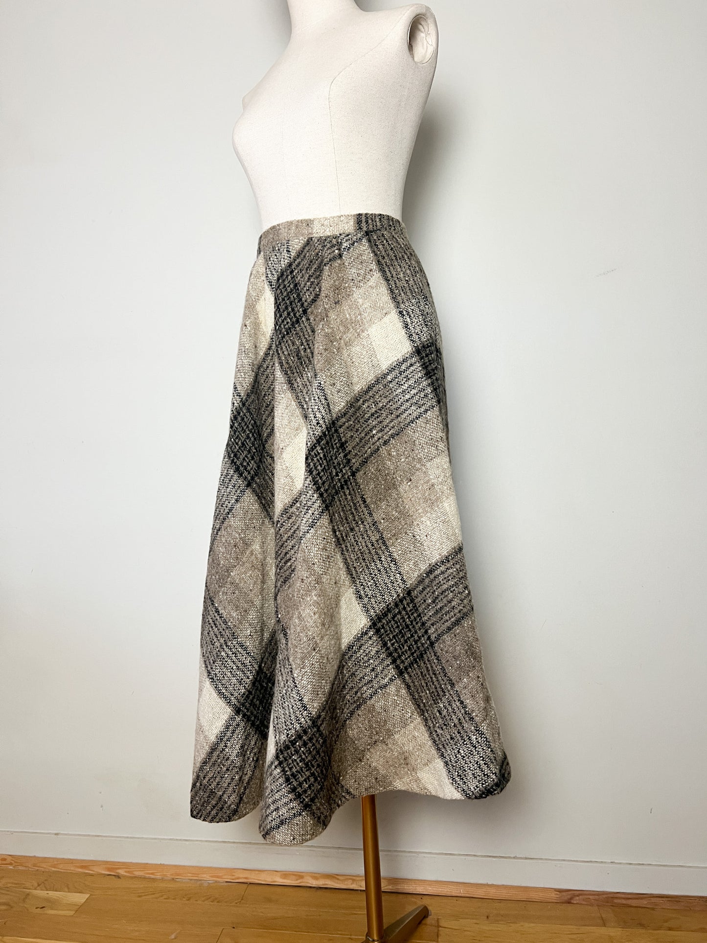 Jupe Liliane Burty Vintage Laine Carreaux Beige - Made in France - T $32/34$ (XXS/XS)