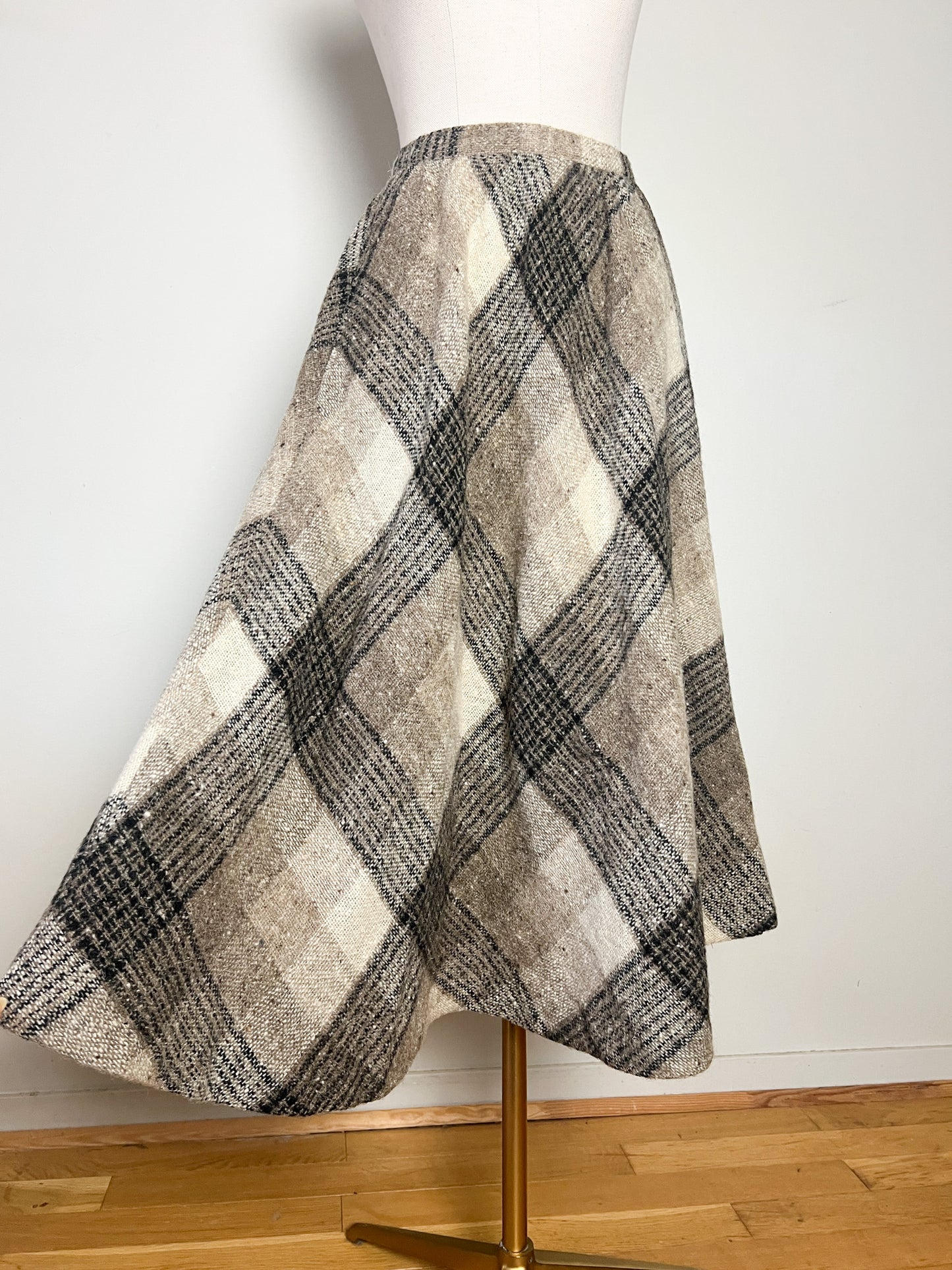 Jupe Liliane Burty Vintage Laine Carreaux Beige - Made in France - T $32/34$ (XXS/XS)