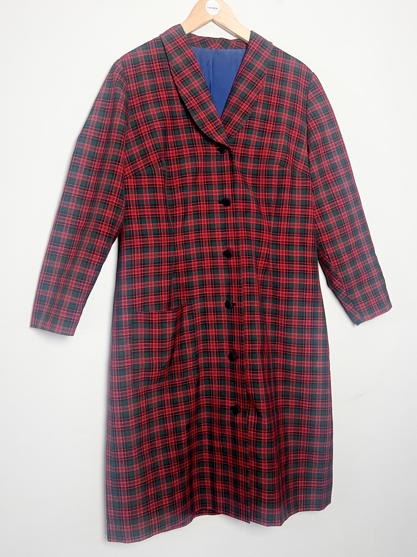 Veste Mi-Longue Légère Vintage années 80 Tartan - Vert Sapin & Rouge - T. 40