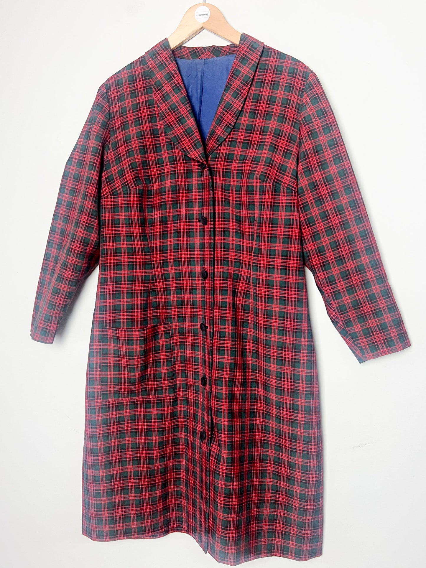 Veste Mi-Longue Légère Vintage années 80 Tartan - Vert Sapin & Rouge - T. 40