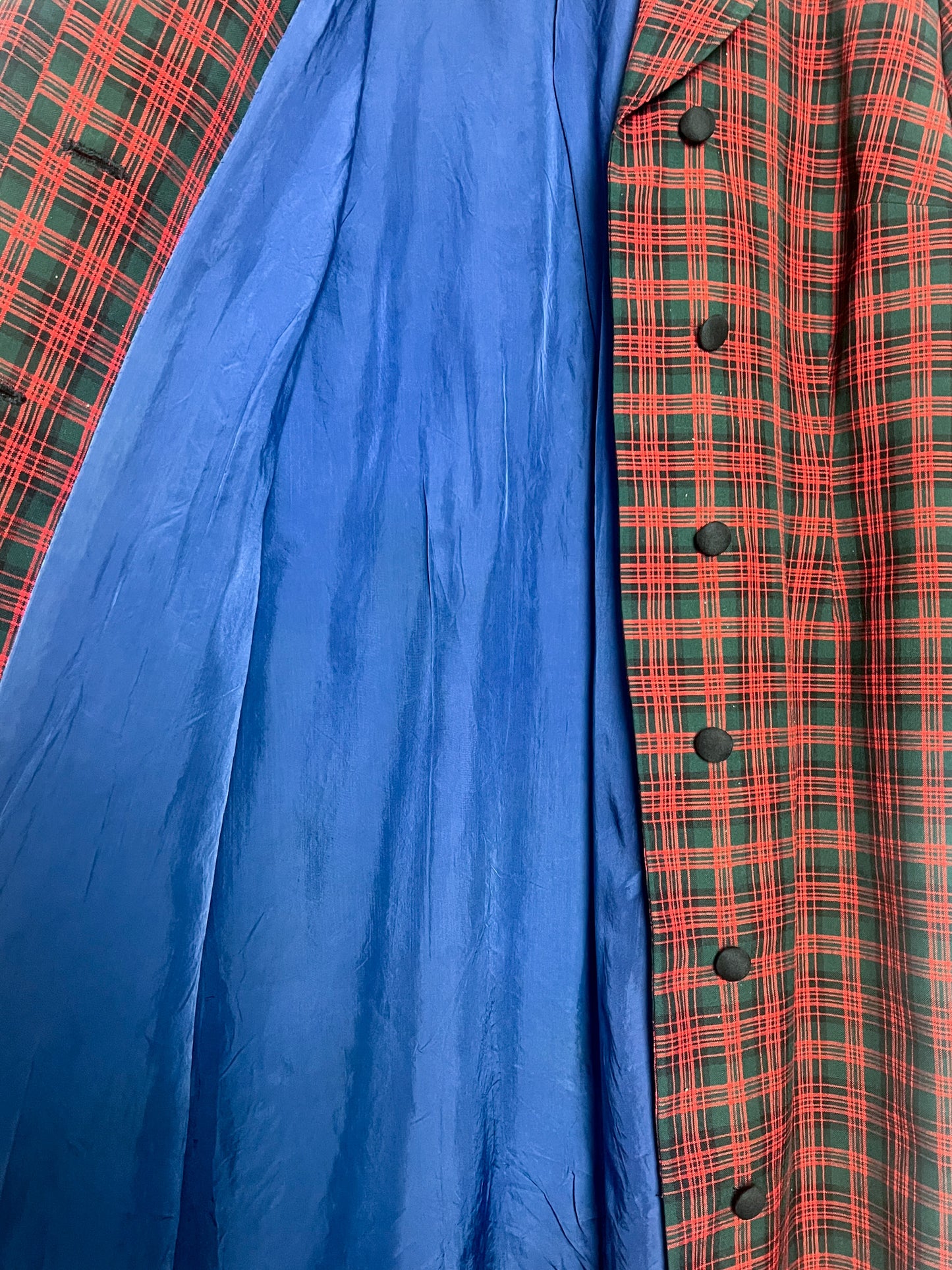 Veste Mi-Longue Légère Vintage années 80 Tartan - Vert Sapin & Rouge - T. 40