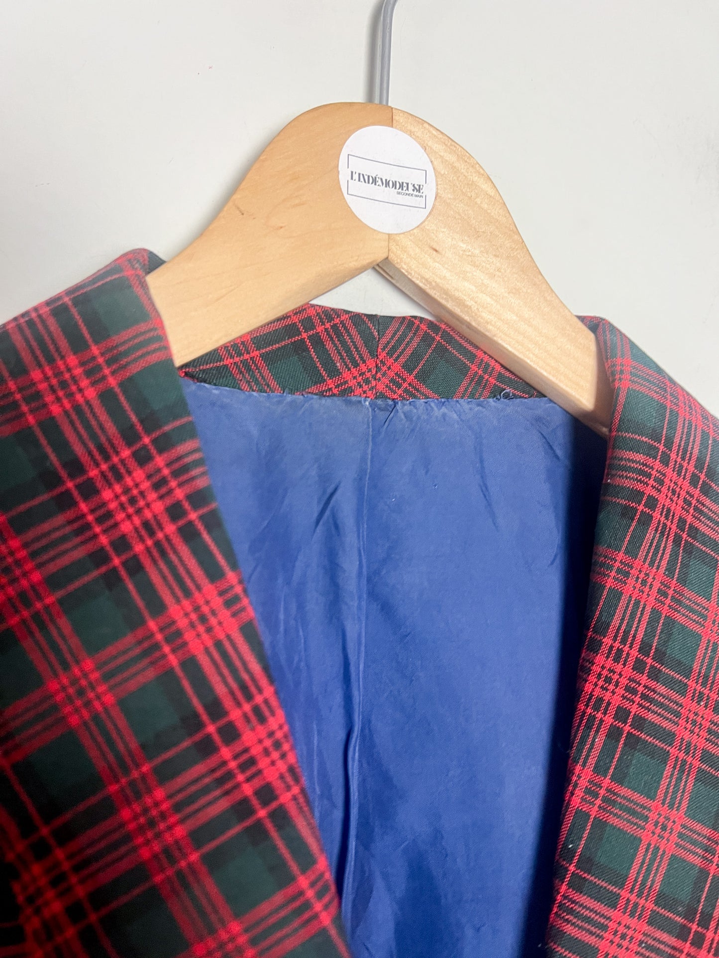 Veste Mi-Longue Légère Vintage années 80 Tartan - Vert Sapin & Rouge - T. 40