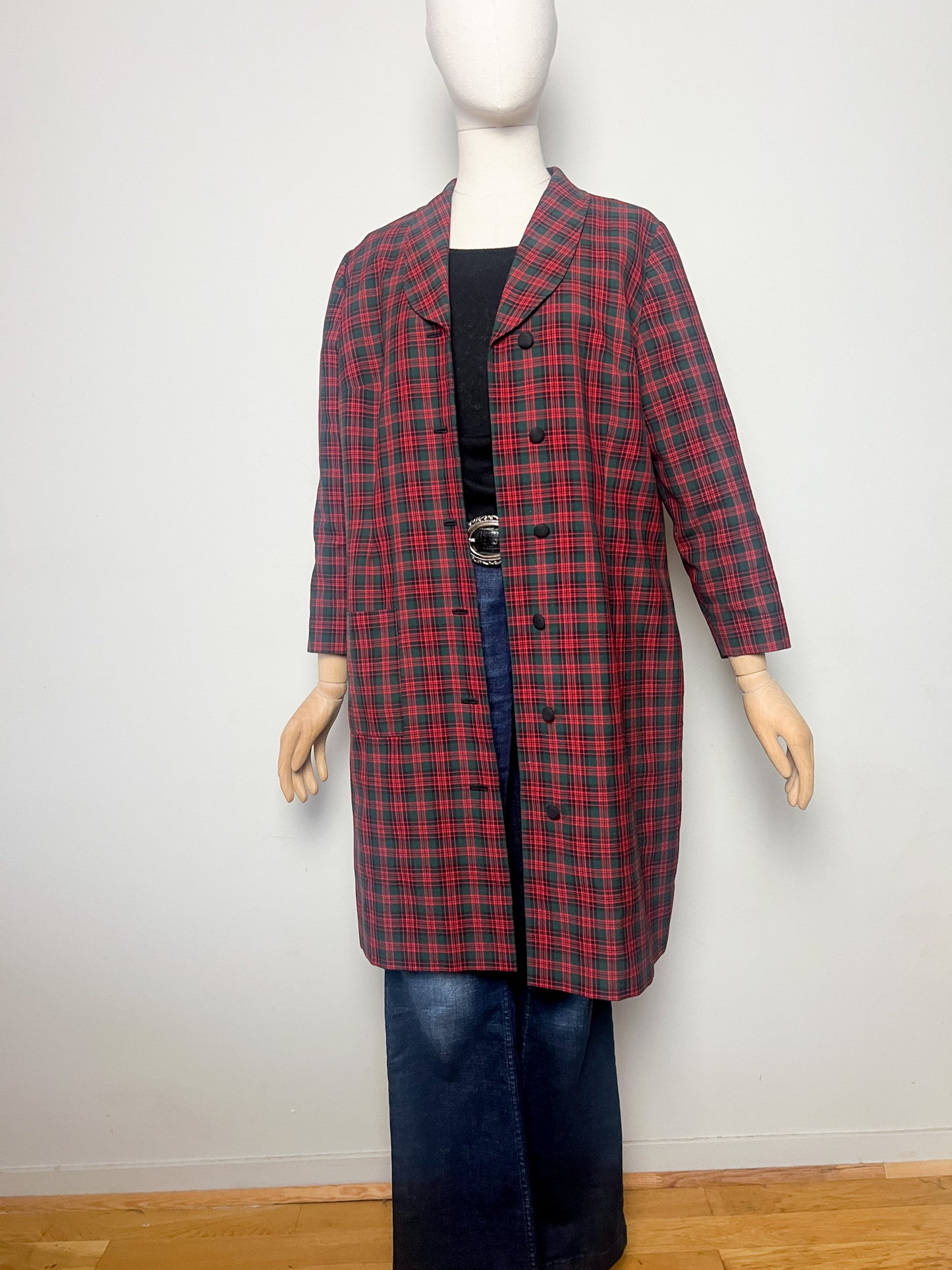 Veste Mi-Longue Légère Vintage années 80 Tartan - Vert Sapin & Rouge - T. 40