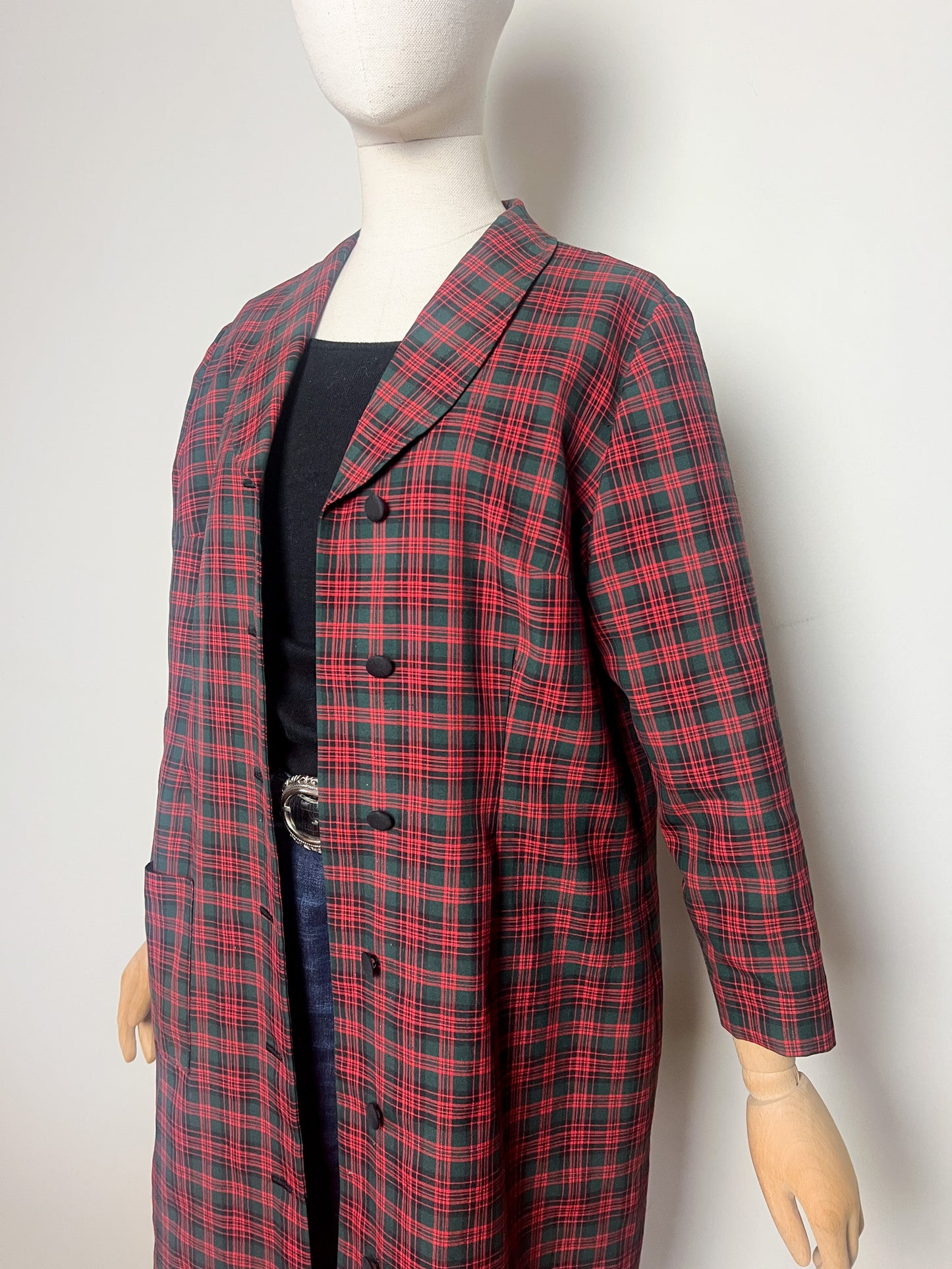 Veste Mi-Longue Légère Vintage années 80 Tartan - Vert Sapin & Rouge - T. 40