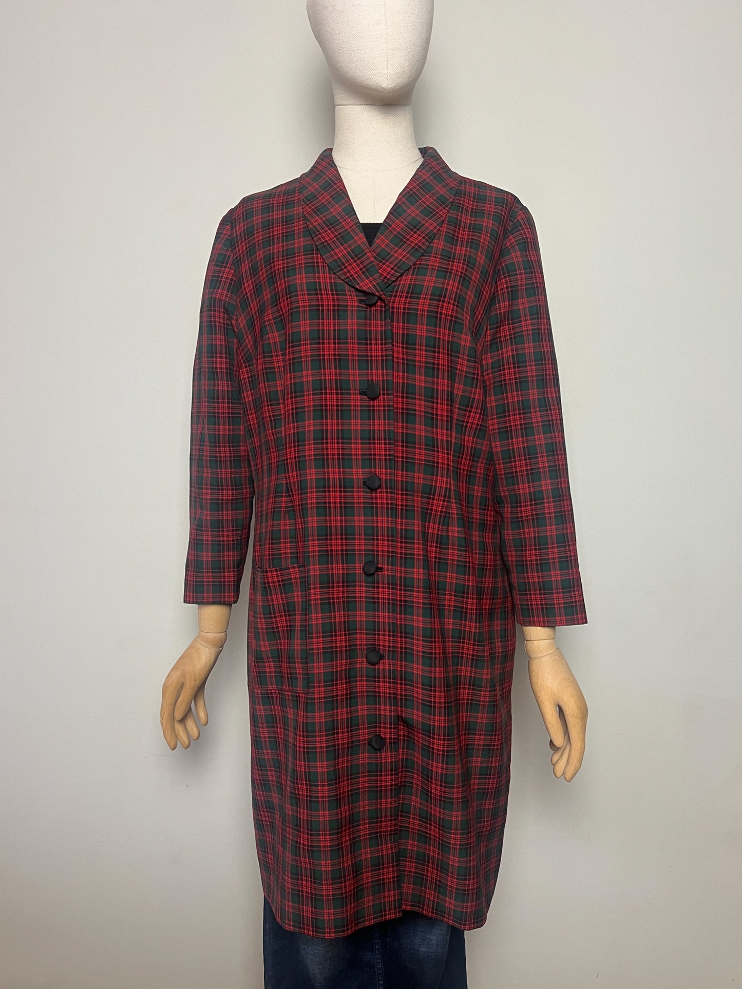 Veste Mi-Longue Légère Vintage années 80 Tartan - Vert Sapin & Rouge - T. 40