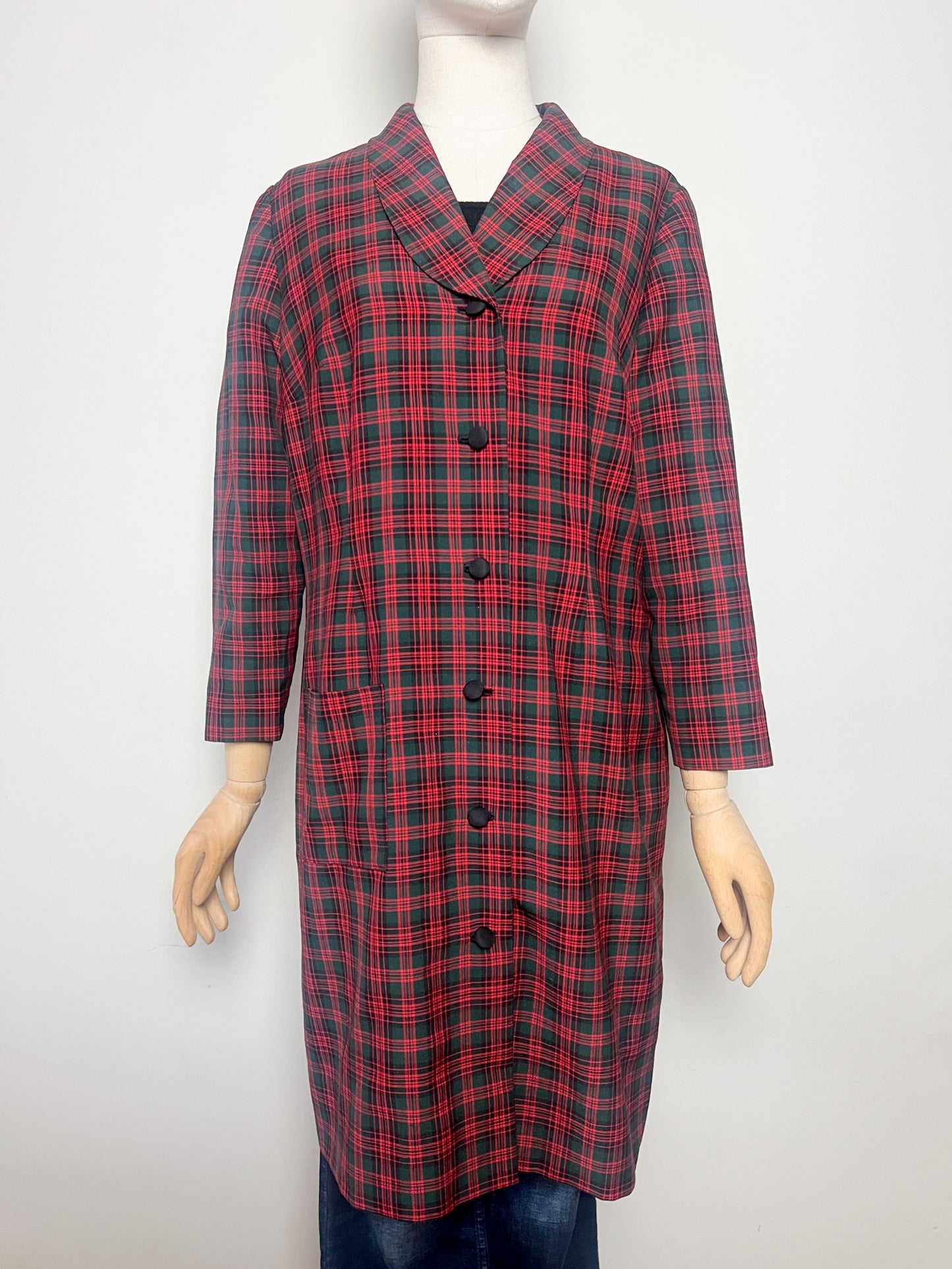 Veste Mi-Longue Légère Vintage années 80 Tartan - Vert Sapin & Rouge - T. 40