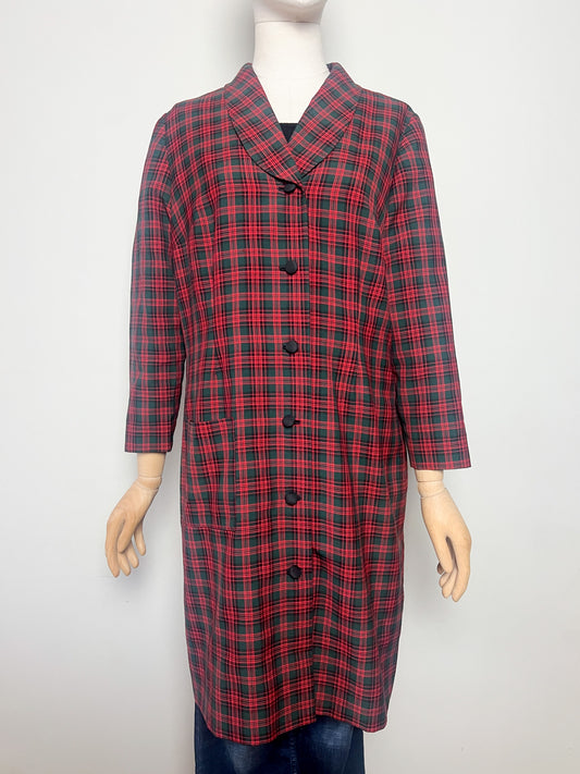Veste Mi-Longue Légère Vintage années 80 Tartan - Vert Sapin & Rouge - T. 40