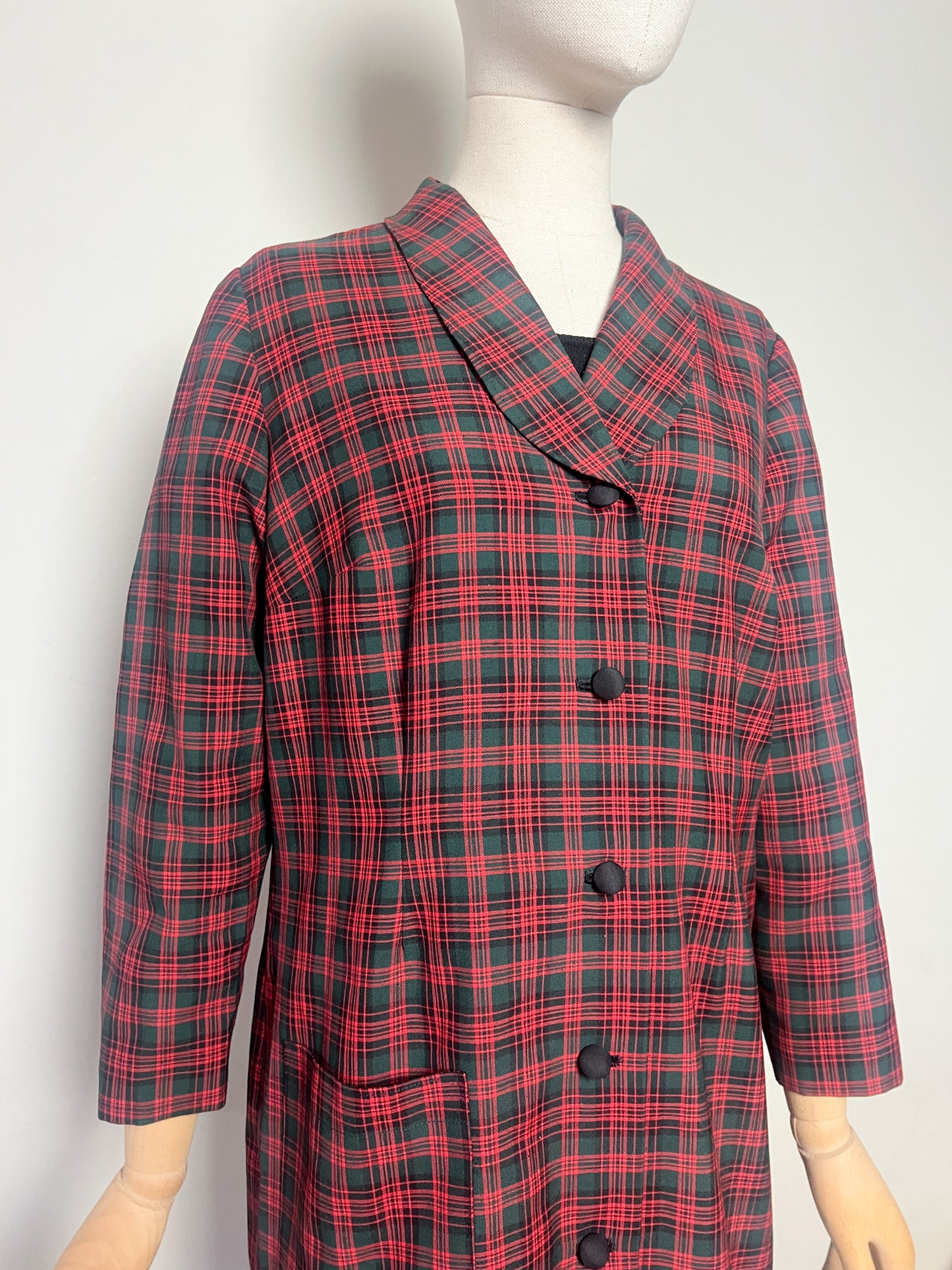 Veste Mi-Longue Légère Vintage années 80 Tartan - Vert Sapin & Rouge - T. 40
