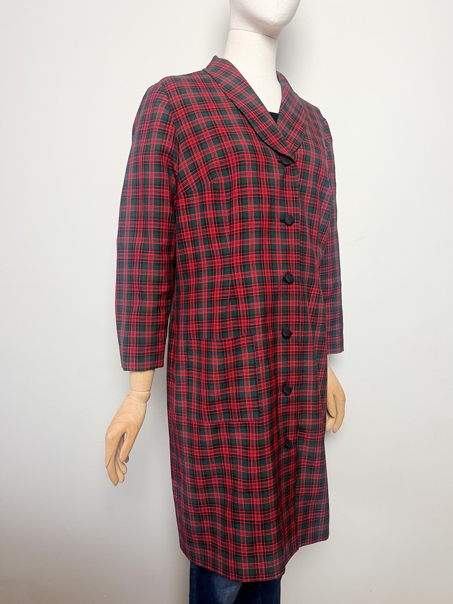Veste Mi-Longue Légère Vintage années 80 Tartan - Vert Sapin & Rouge - T. 40