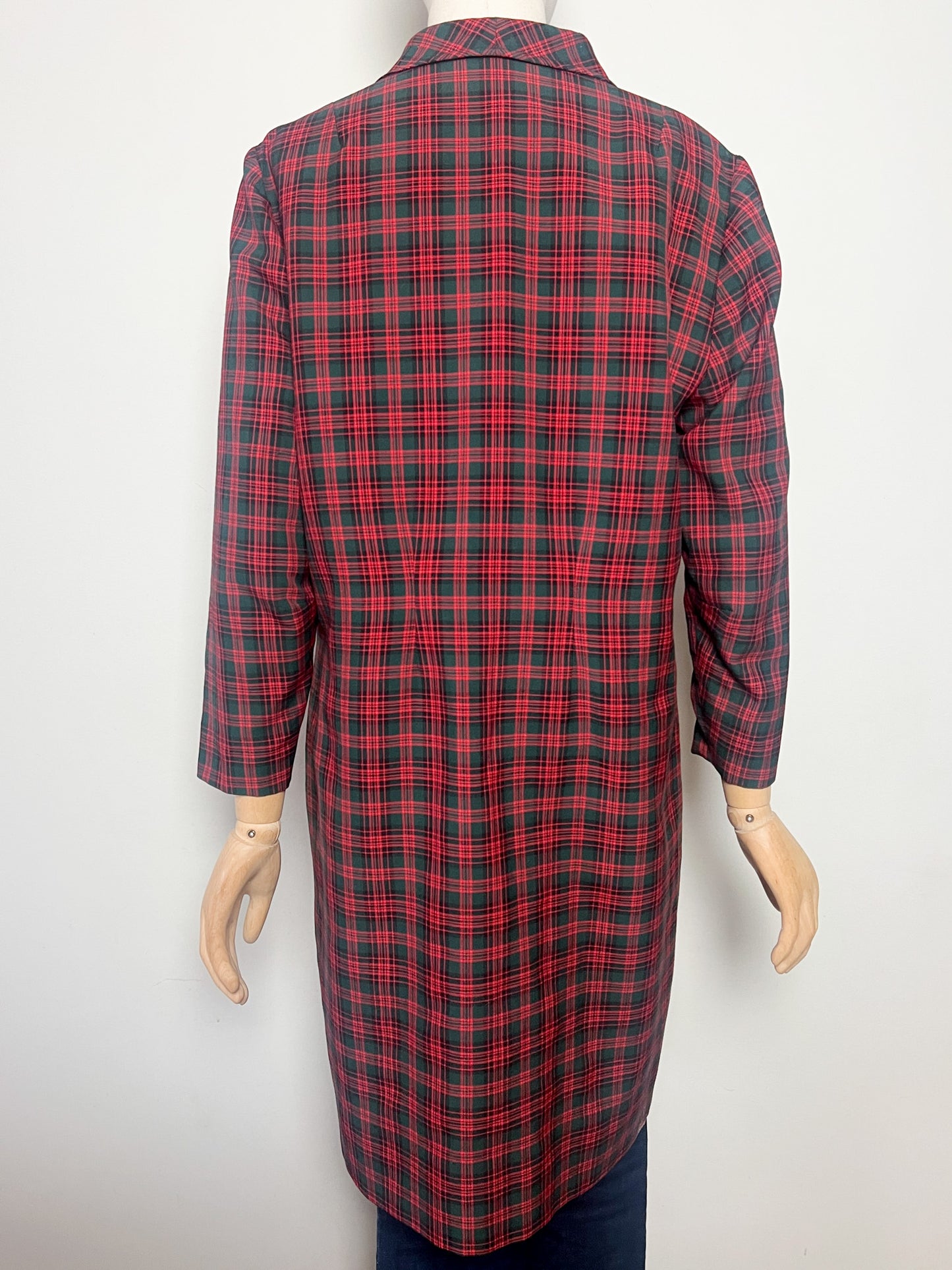 Veste Mi-Longue Légère Vintage années 80 Tartan - Vert Sapin & Rouge - T. 40