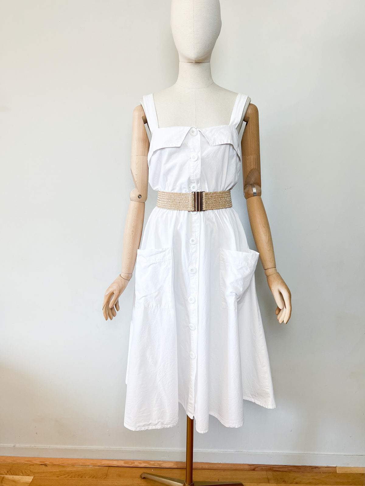 Robe midi vintage Années 80 90 blanche en coton - Made in France - T38/40