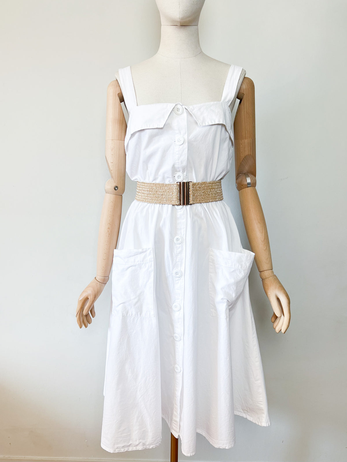 Robe midi vintage Années 80 90 blanche en coton - Made in France - T38/40