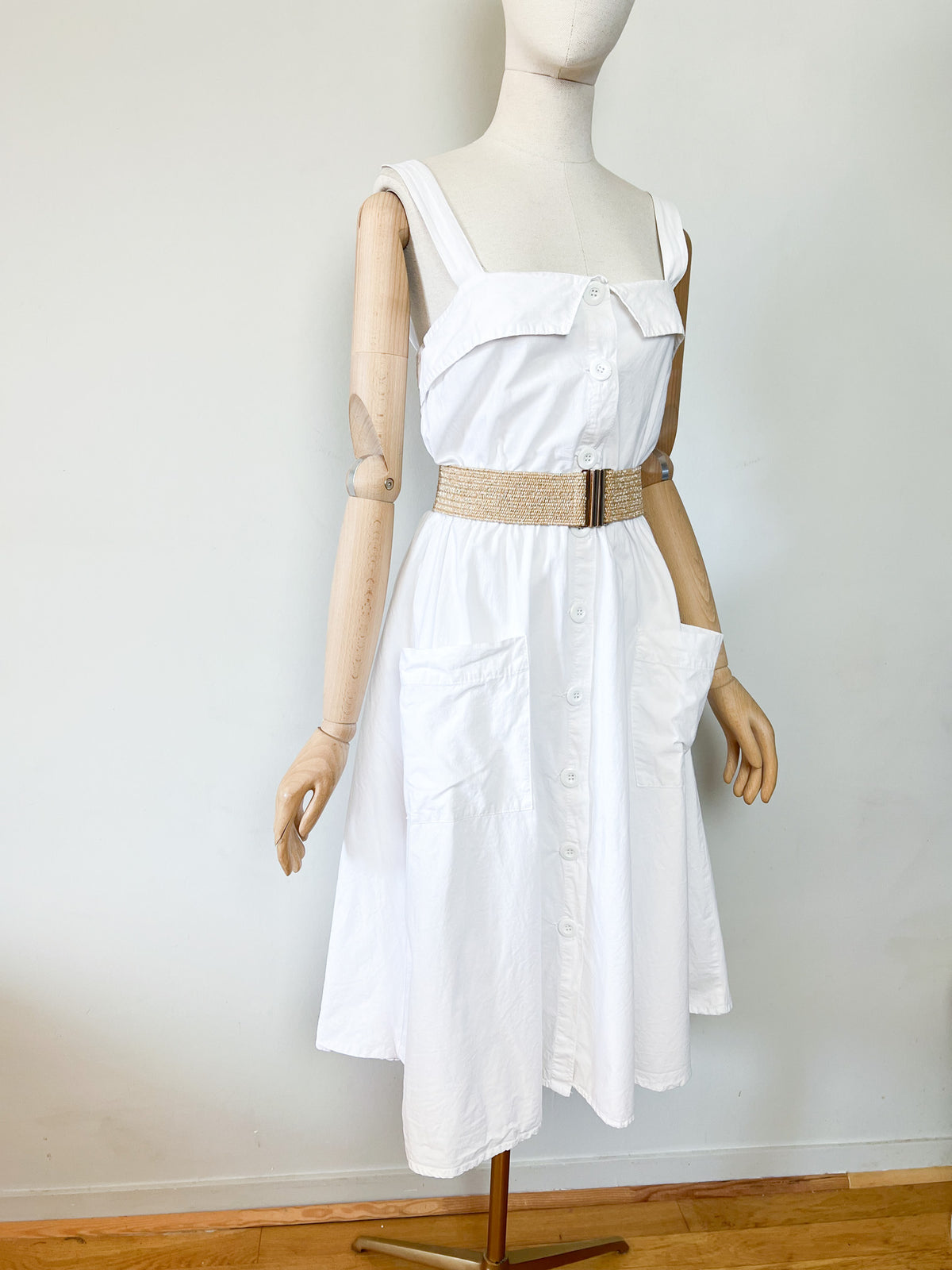 Robe midi vintage Années 80 90 blanche en coton - Made in France - T38/40