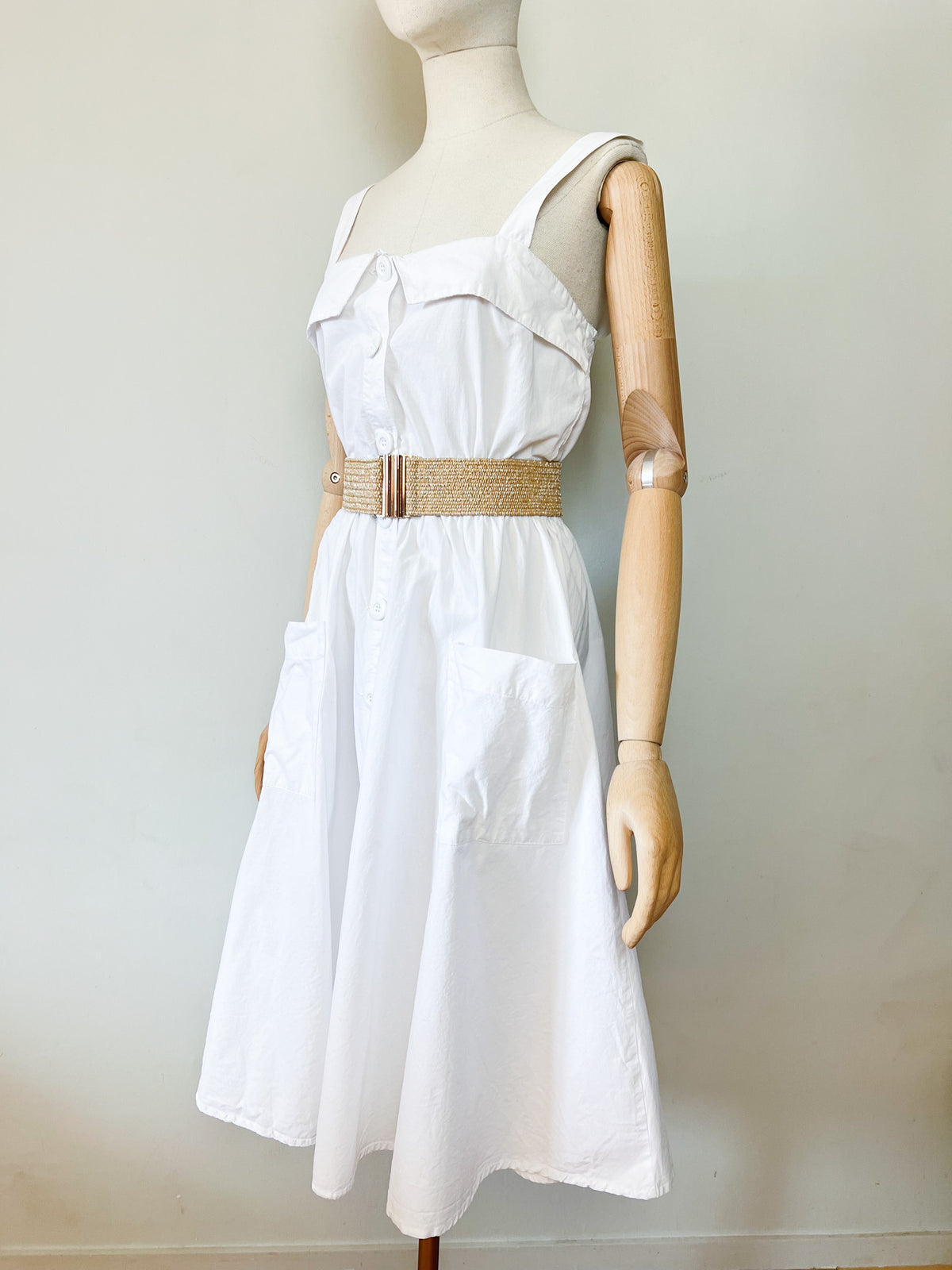 Robe midi vintage Années 80 90 blanche en coton - Made in France - T38/40