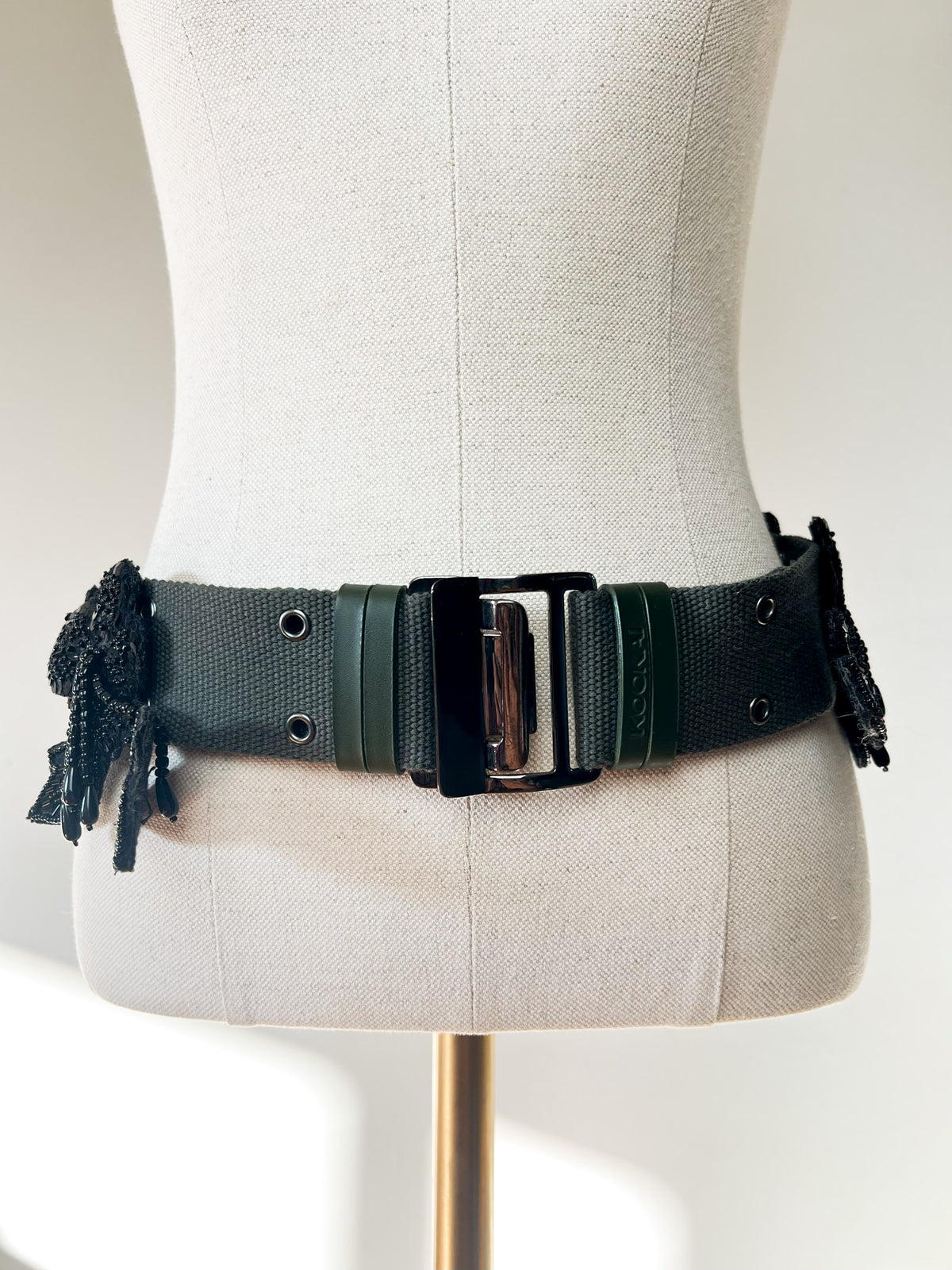 Ceinture Vintage Y2K Kookaï Kaki & Perles Noires Brodées — Taille 36/38
