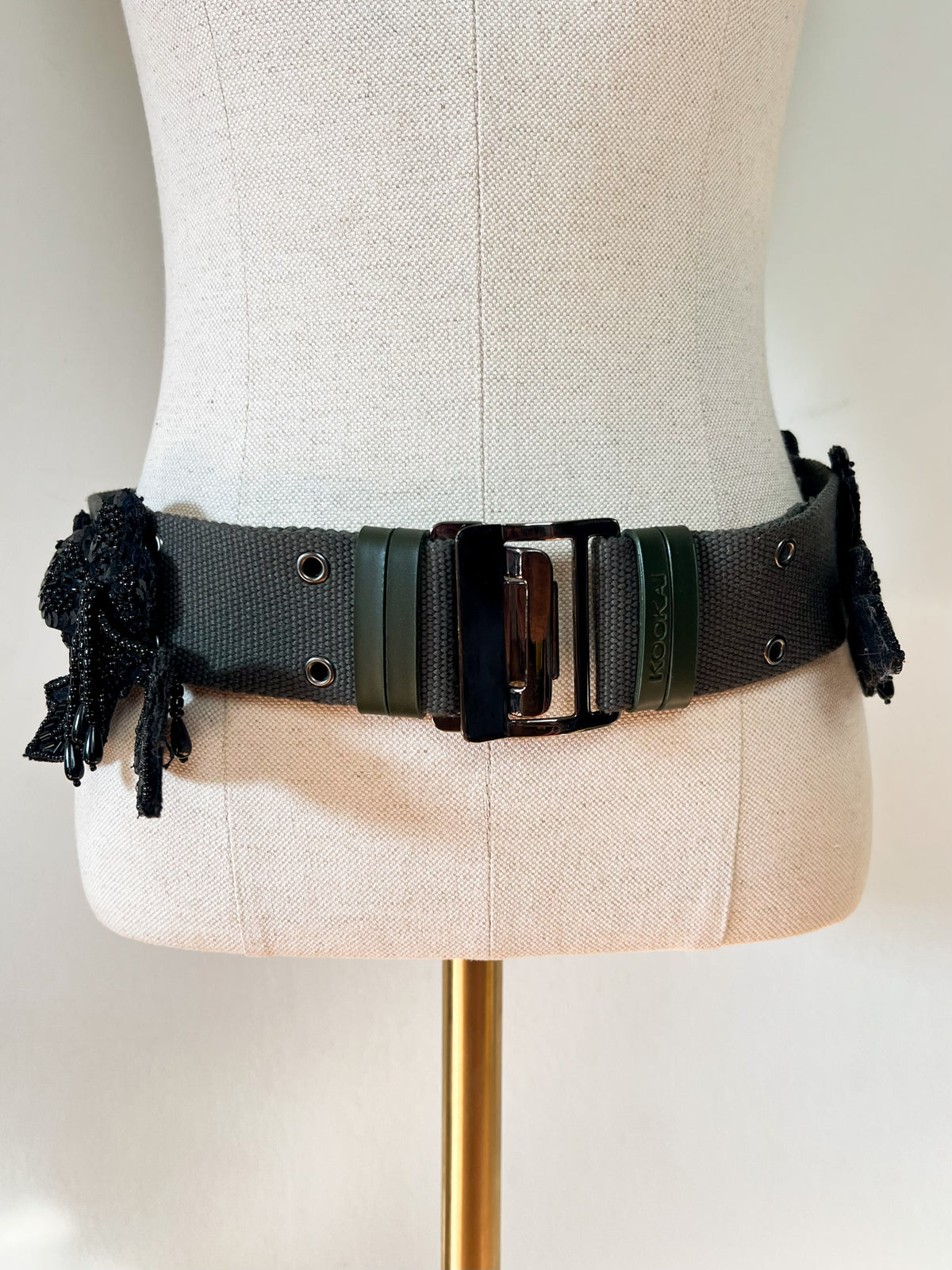Ceinture Vintage Y2K Kookaï Kaki & Perles Noires Brodées — Taille 36/38