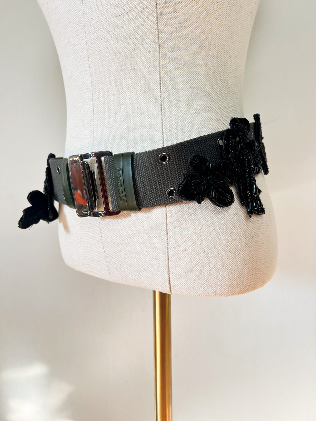 Ceinture Vintage Y2K Kookaï Kaki & Perles Noires Brodées — Taille 36/38