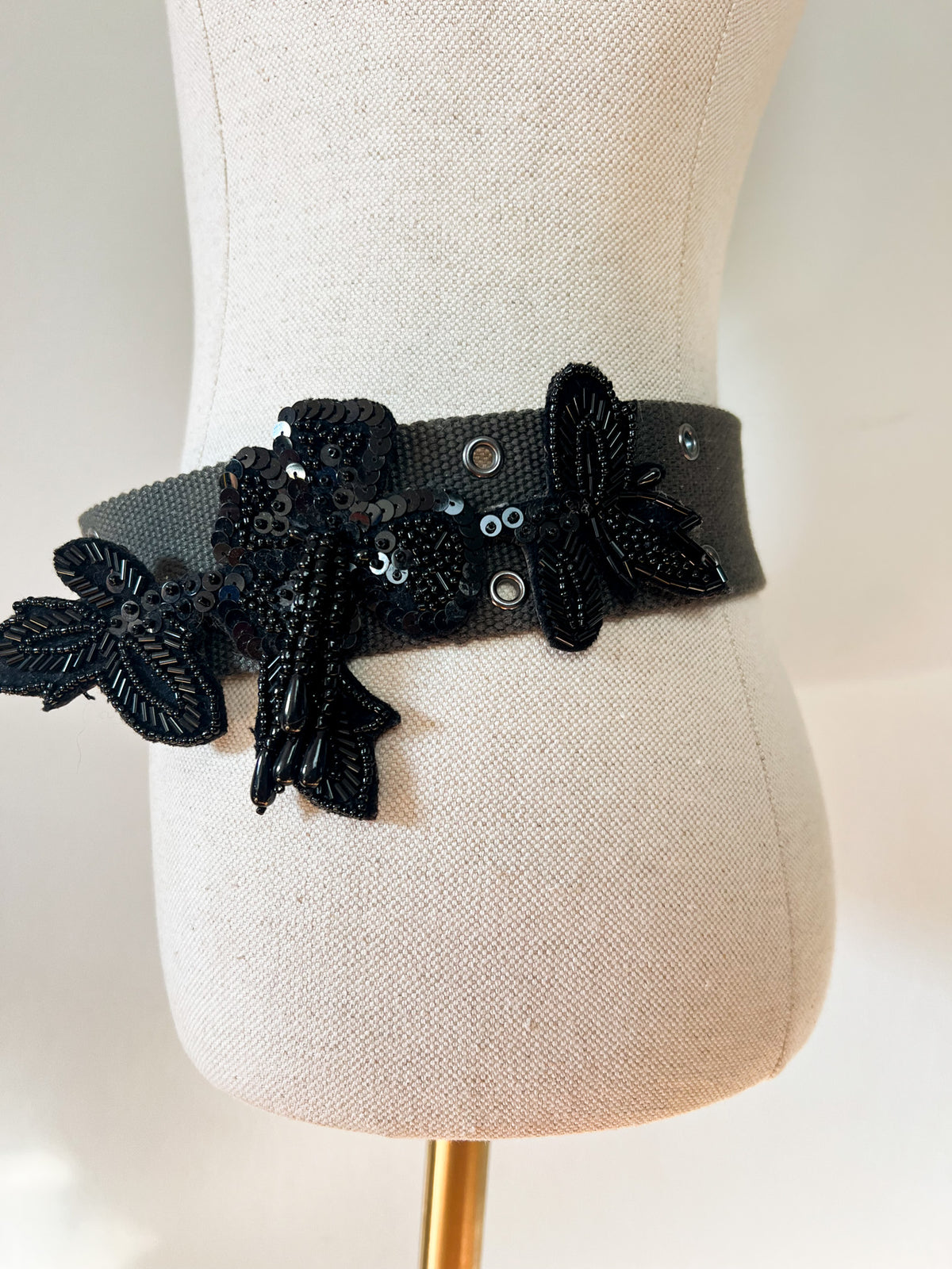 Ceinture Vintage Y2K Kookaï Kaki & Perles Noires Brodées — Taille 36/38