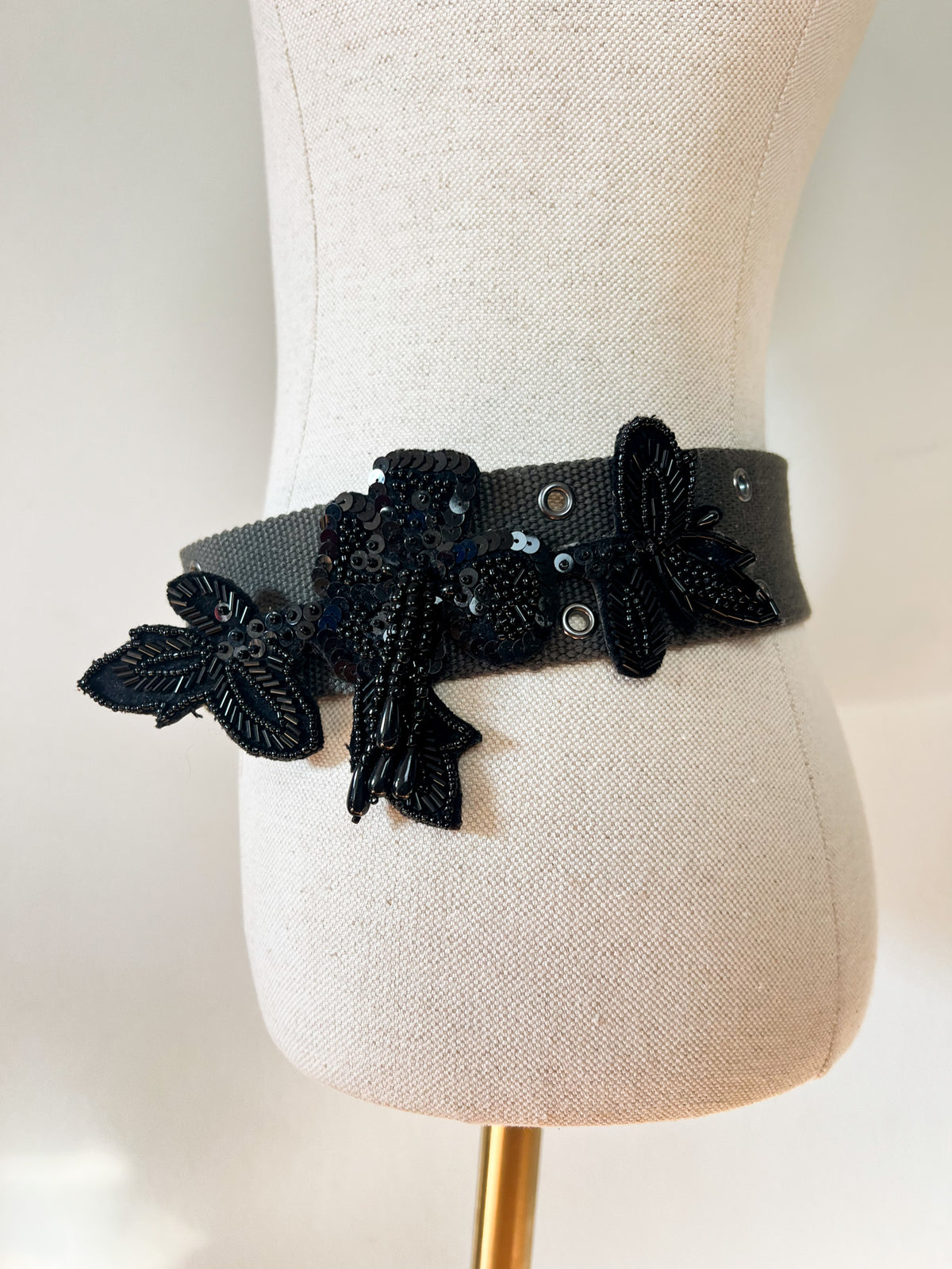 Ceinture Vintage Y2K Kookaï Kaki & Perles Noires Brodées — Taille 36/38