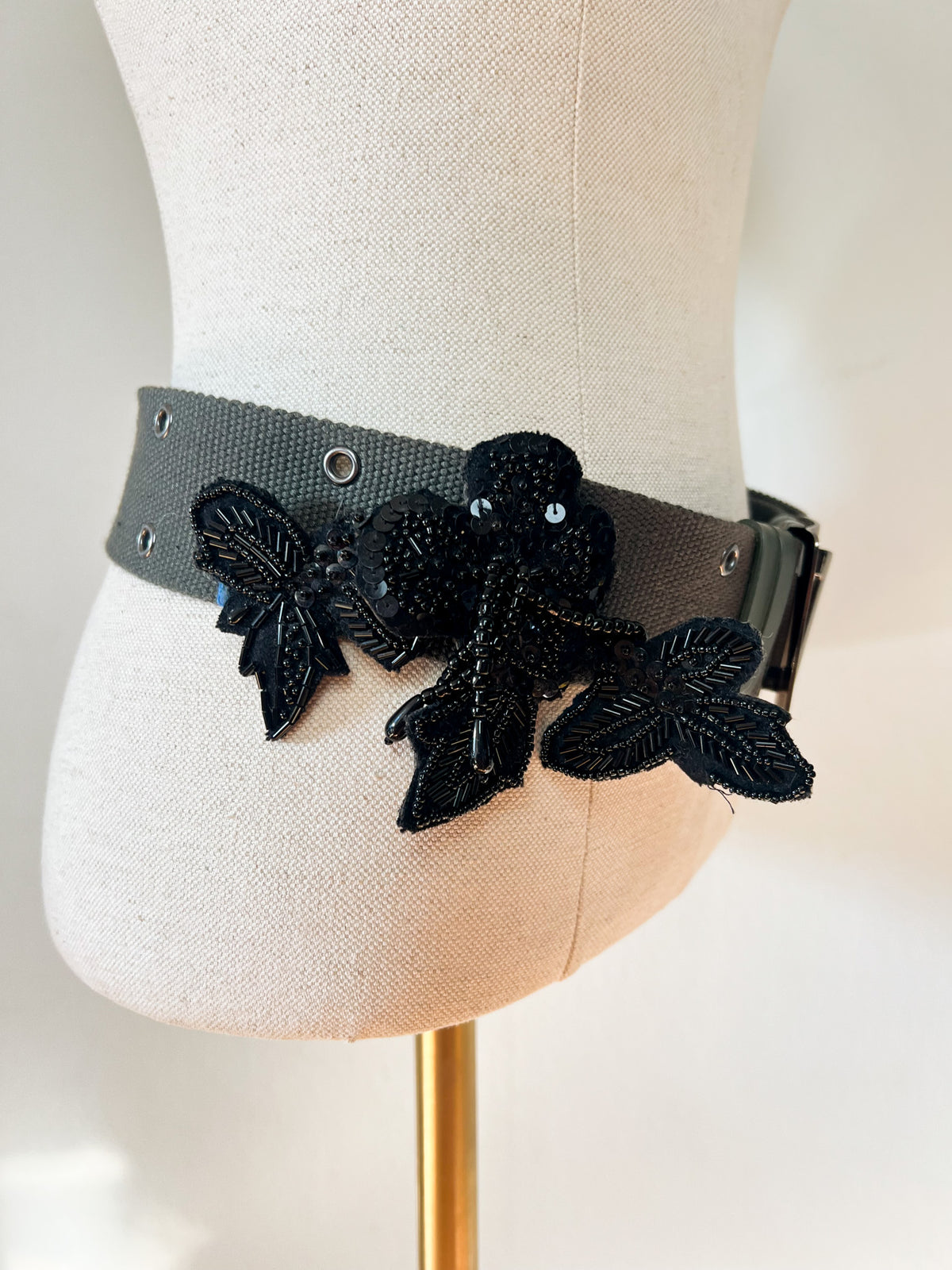 Ceinture Vintage Y2K Kookaï Kaki & Perles Noires Brodées — Taille 36/38