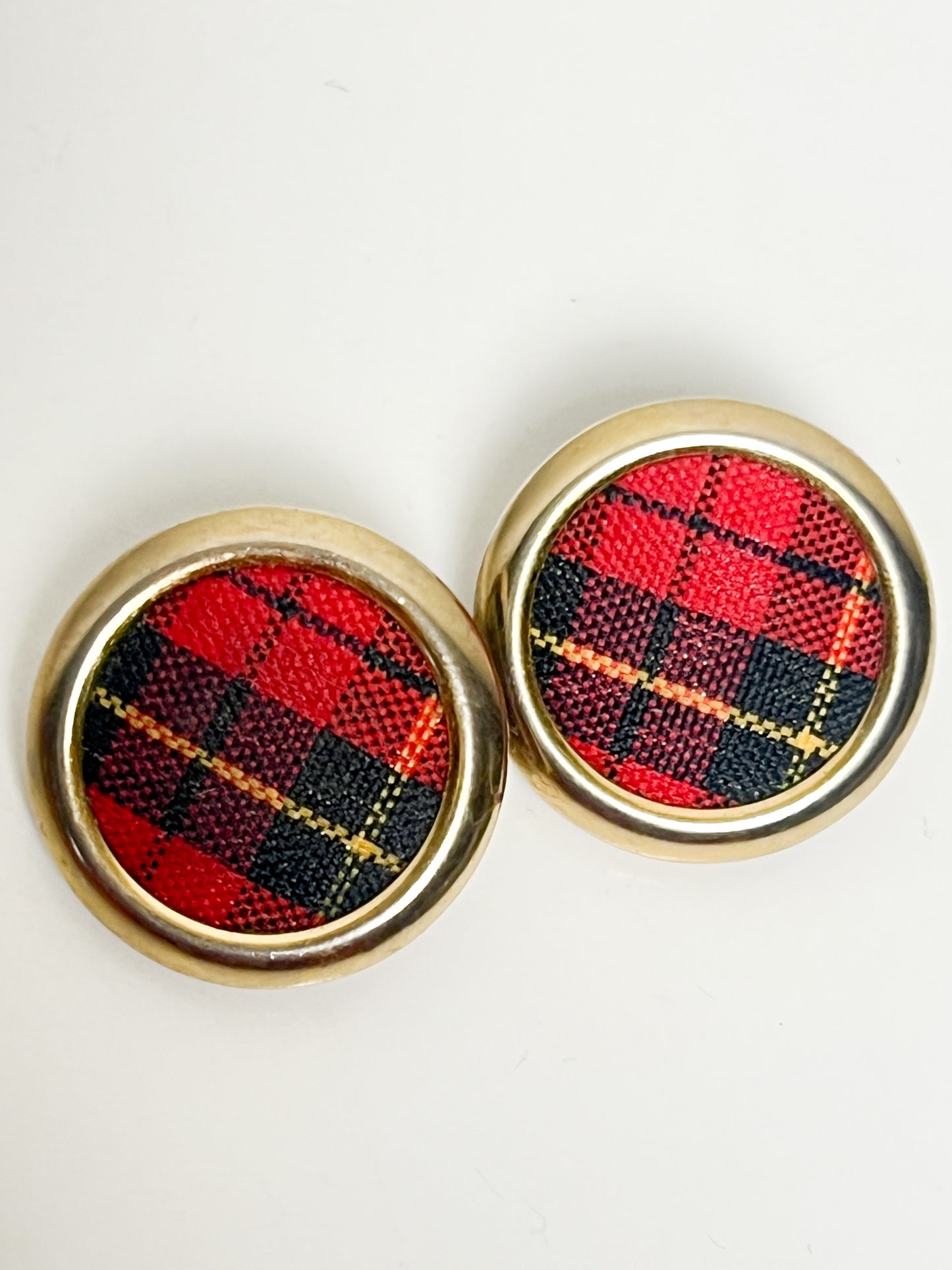 Boucles d'Oreilles Clips Vintage années 80 90 - Motif Tartan Rétro - Rouge, Noir et Doré
