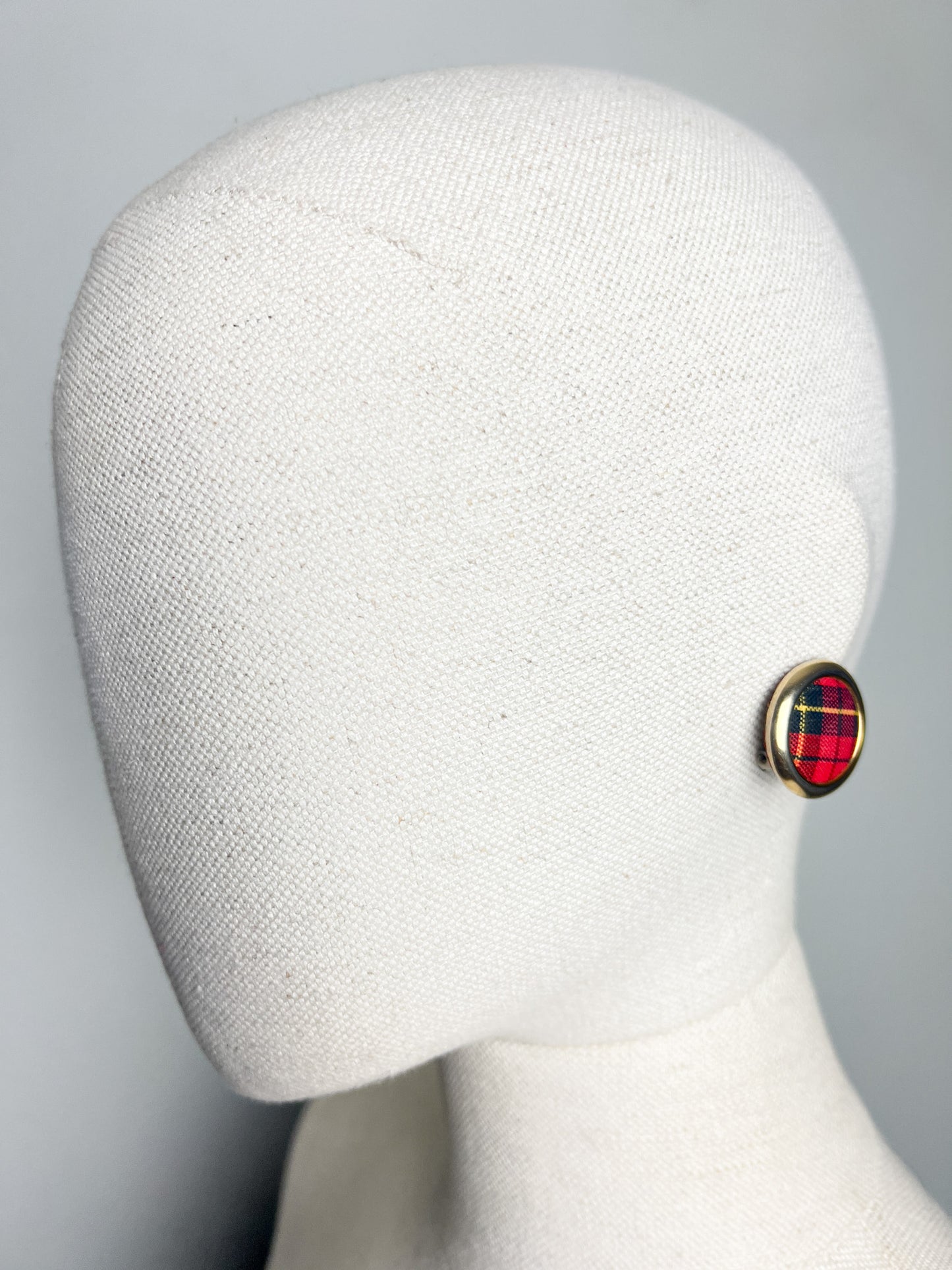 Boucles d'Oreilles Clips Vintage années 80 90 - Motif Tartan Rétro - Rouge, Noir et Doré