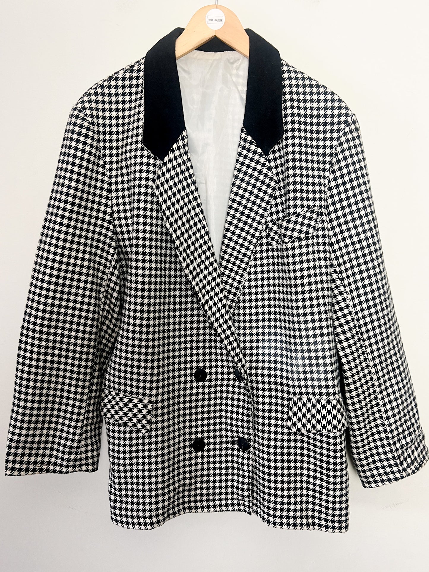 Blazer Vintage années 80 90 Oversize Pied-de-Poule Noir & Blanc - Mélange Laine - T 44