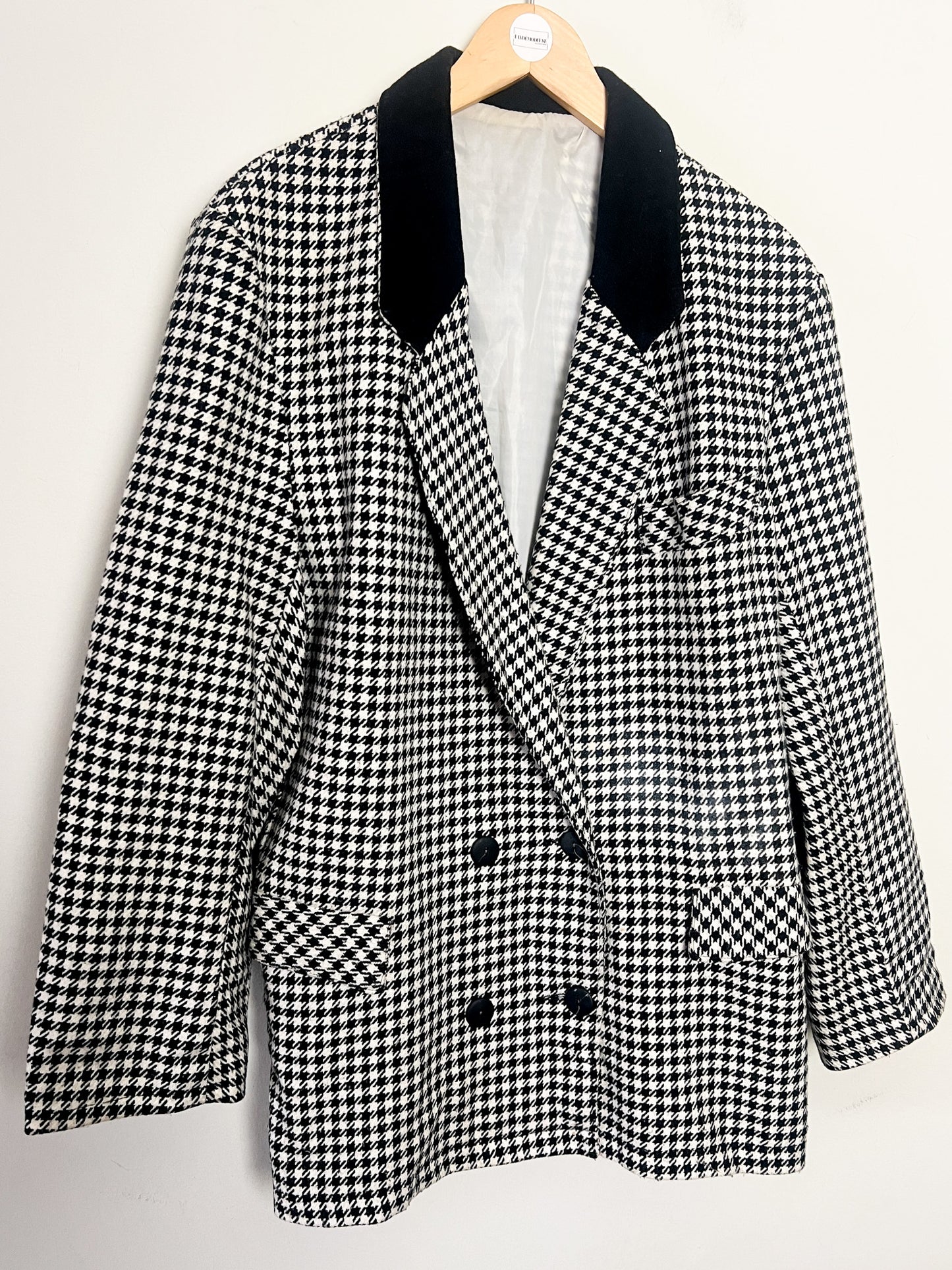 Blazer Vintage années 80 90 Oversize Pied-de-Poule Noir & Blanc - Mélange Laine - T 44
