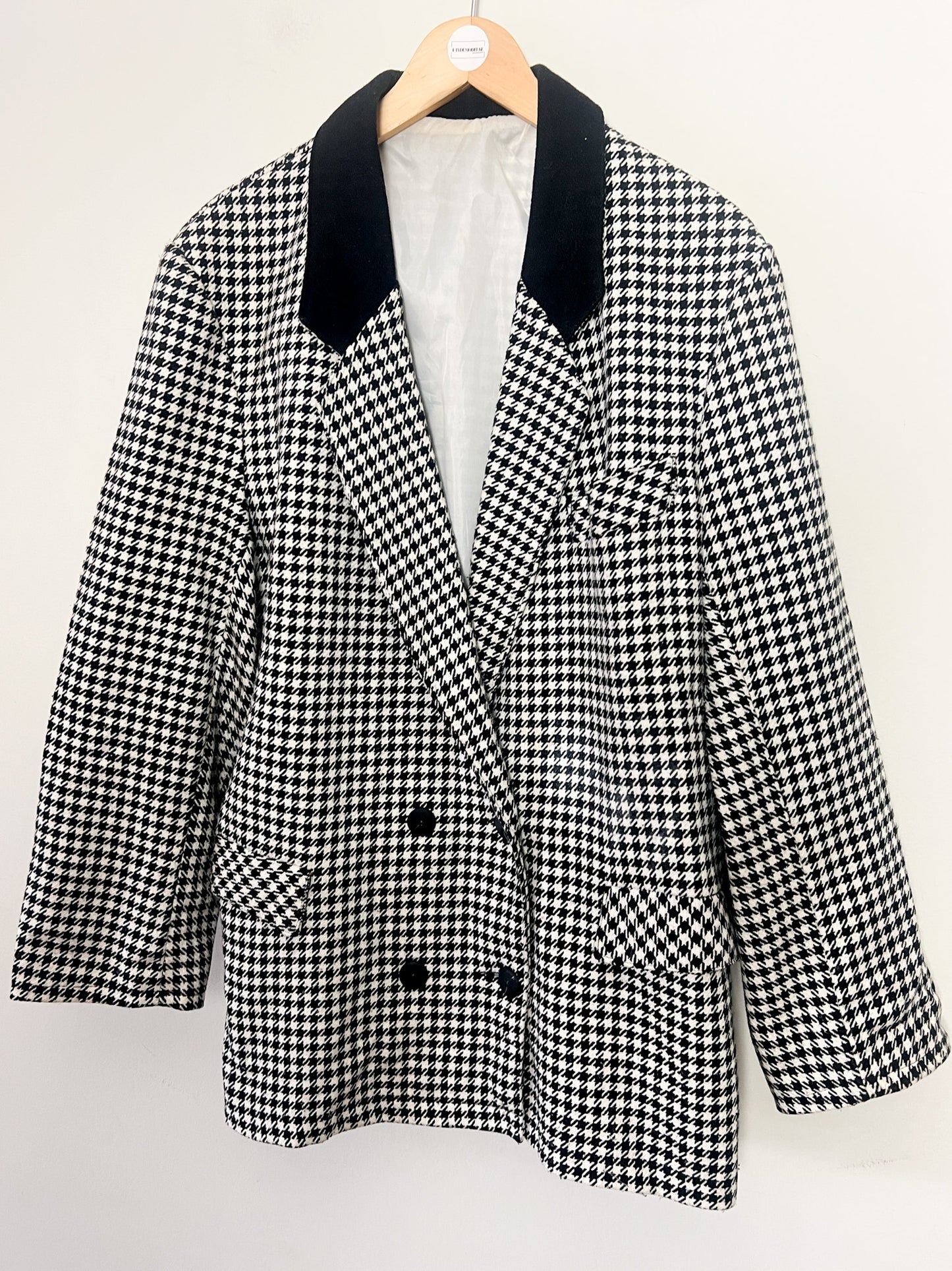Blazer Vintage années 80 90 Oversize Pied-de-Poule Noir & Blanc - Mélange Laine - T 44