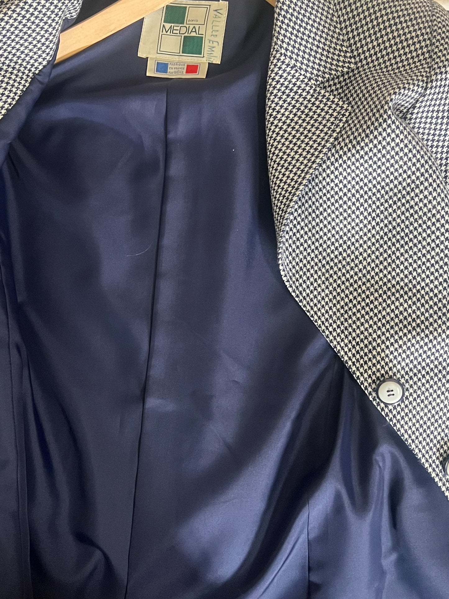 Veste Vintage Médial Weill T 38 - Pied-de-Poule Marine/Crème - Laine - Made in France