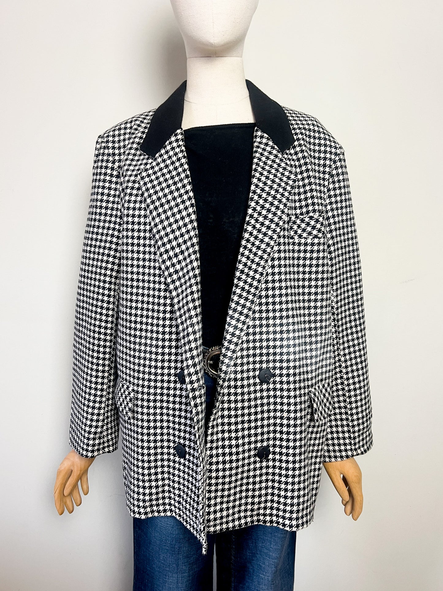 Blazer Vintage années 80 90 Oversize Pied-de-Poule Noir & Blanc - Mélange Laine - T 44