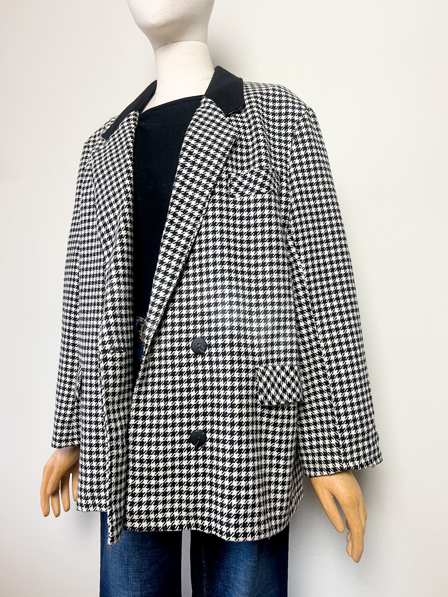 Blazer Vintage années 80 90 Oversize Pied-de-Poule Noir & Blanc - Mélange Laine - T 44