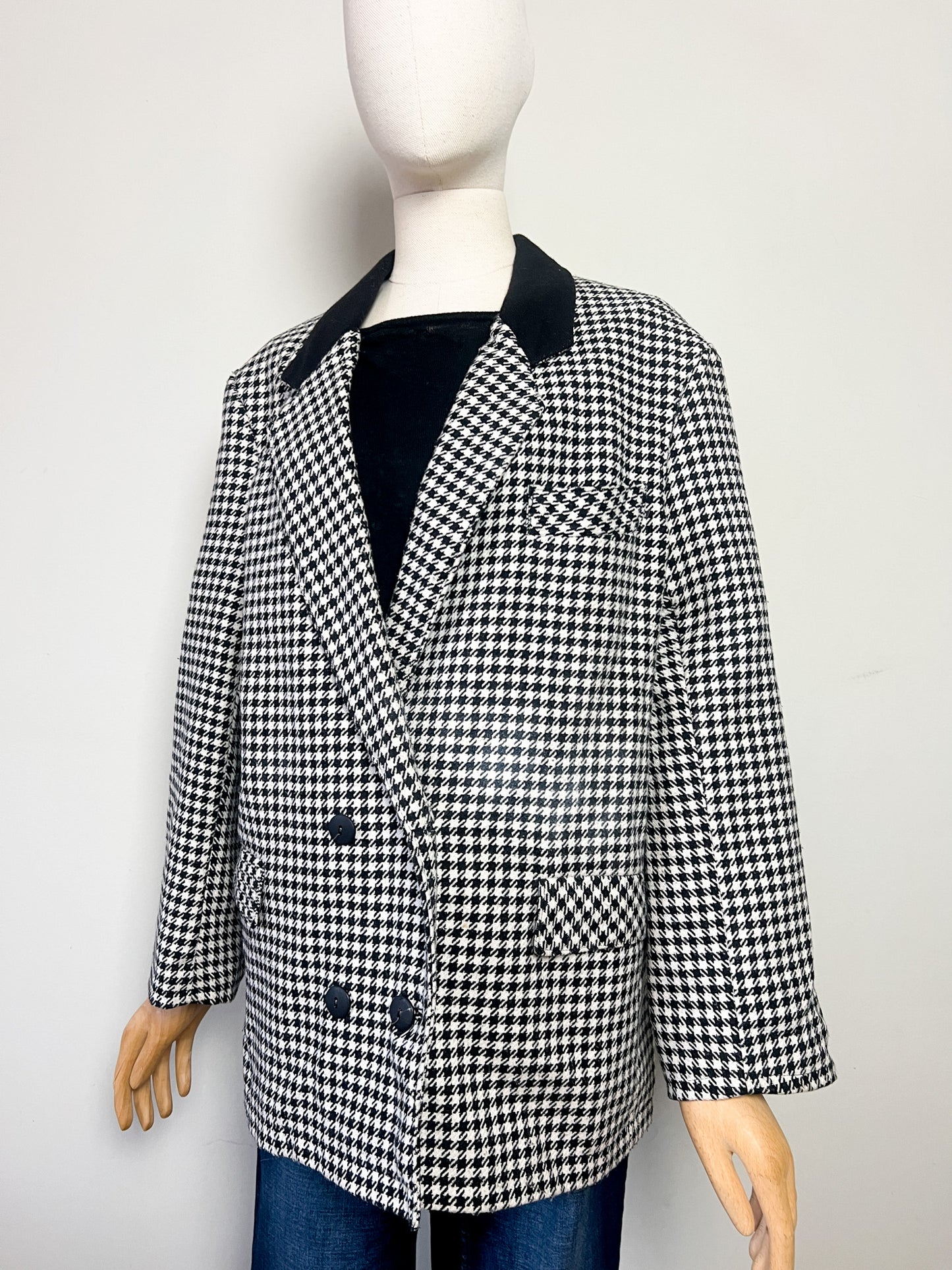 Blazer Vintage années 80 90 Oversize Pied-de-Poule Noir & Blanc - Mélange Laine - T 44