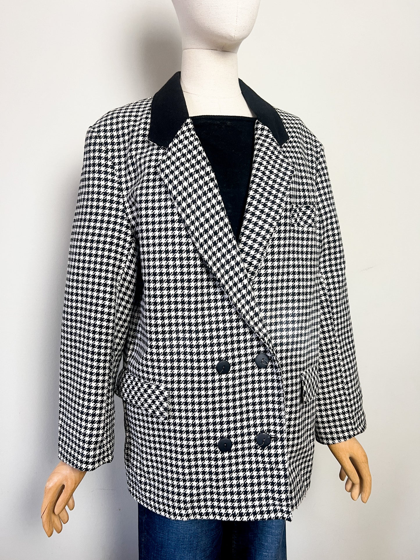 Blazer Vintage années 80 90 Oversize Pied-de-Poule Noir & Blanc - Mélange Laine - T 44