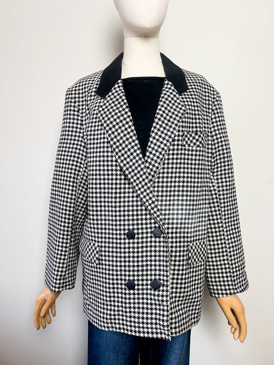 Blazer Vintage années 80 90 Oversize Pied-de-Poule Noir & Blanc - Mélange Laine - T 44
