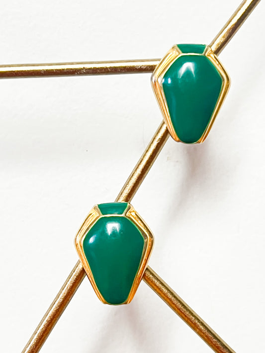 Boucles d'Oreilles Clips Vintage années 80 Vert & Doré - Forme Sculpturale Style Art Déco