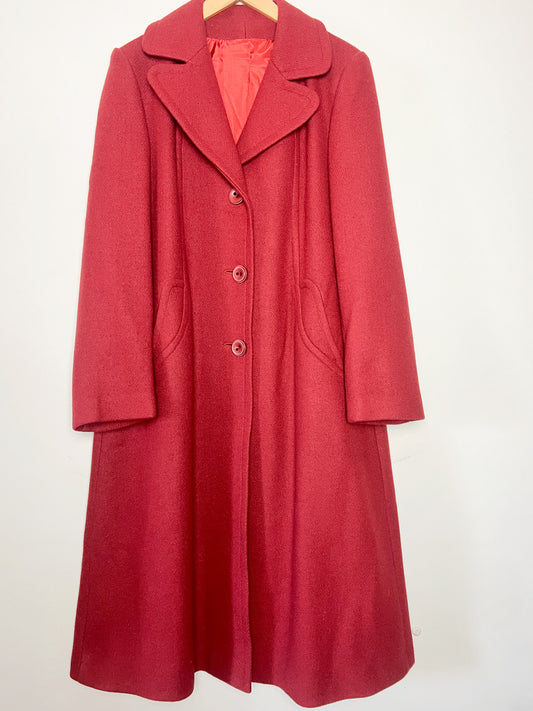 Manteau Long Vintage années 70 80_ 90% Laine - Rouge Brique - Col Tailleur T40