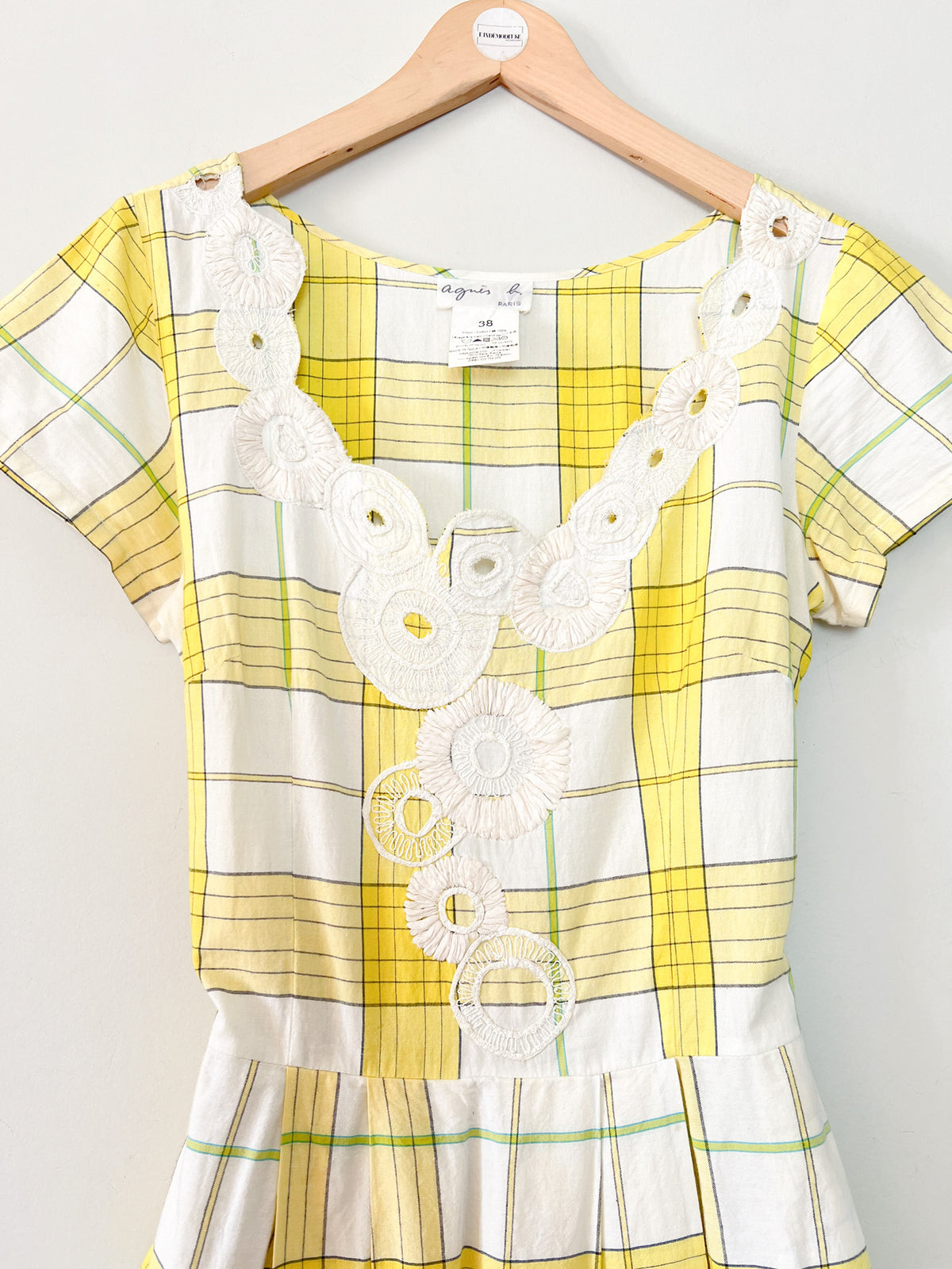 Robe vintage Années 90 Agnès b. en coton - Imprimé carreaux & broderies - Taille 38