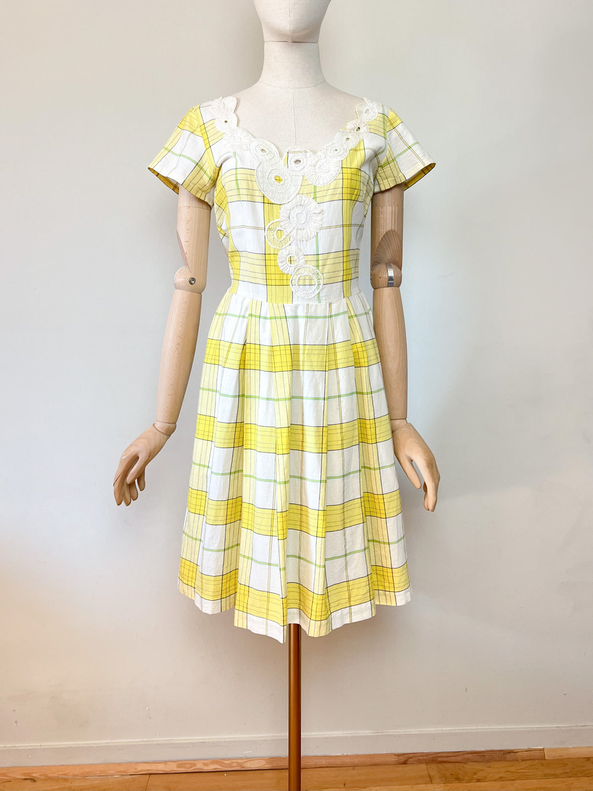 Robe vintage Années 90 Agnès b. en coton - Imprimé carreaux & broderies - Taille 38
